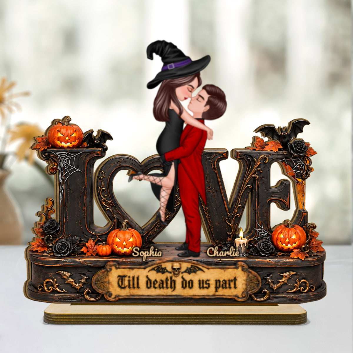 Love Halloween Couple Til Death Do Us Apart - Personalized 2-Layered Wooden Plaque - Halloween Decor Gift, Gift For Couple