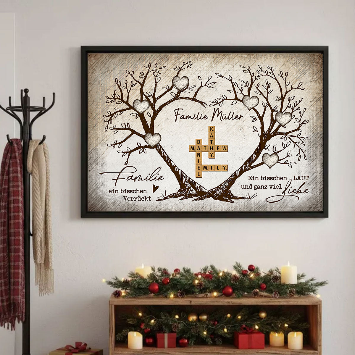 Personalisiertes Familien-Poster – Herzbaum & Kreuzworträtsel – Für immer verbunden – Geschenk für Familie, Mann & Frau