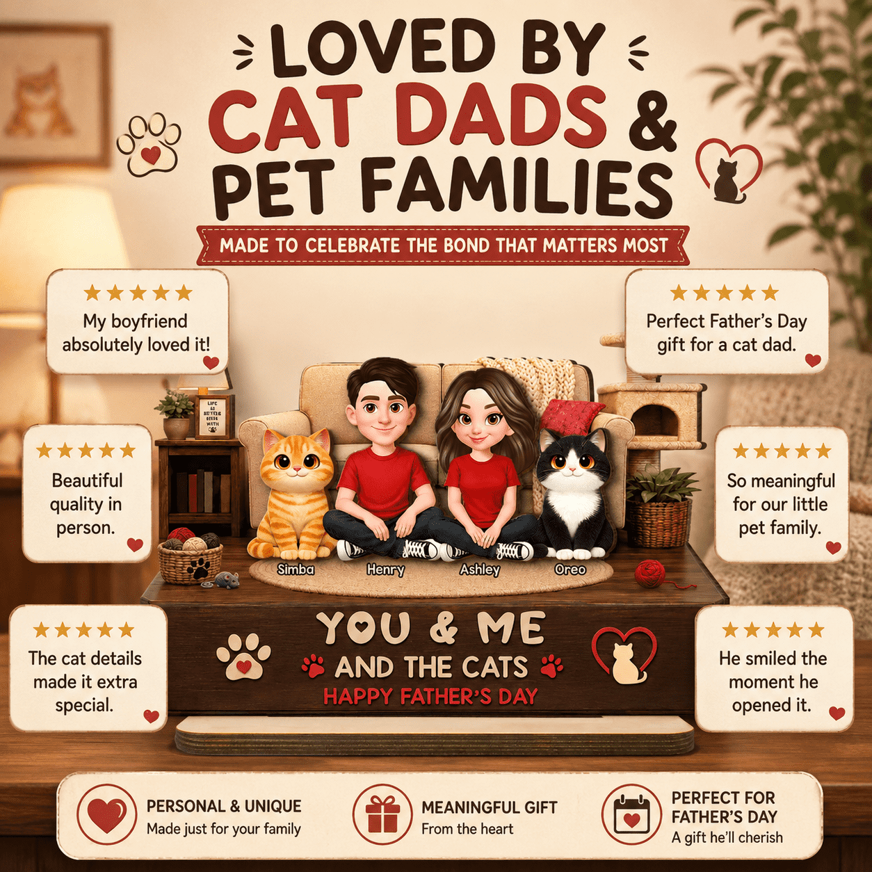 You & Me And The Cats Cozy Room 2D Flat - Personalized 2-Layered Wooden Plaque -  Gift For Cat Dad