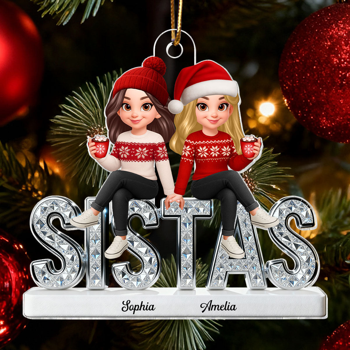 3D Shining Effect Sistas - Personalized Acrylic Ornament - Christmas Gift For Sisters