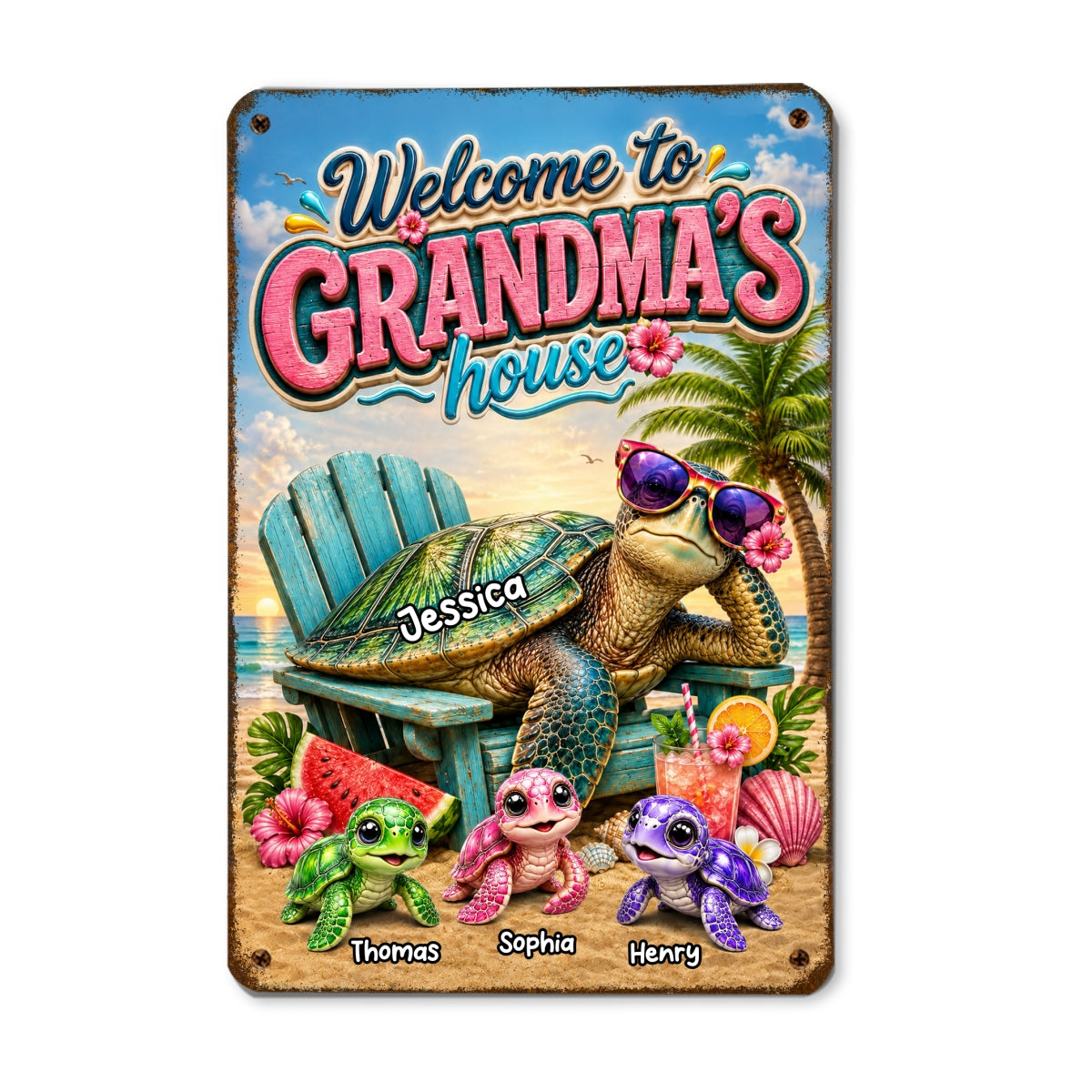 Welcome to Grandma's House Turtle Grandma - Personalized Metal Sign - Summer Decor for Her