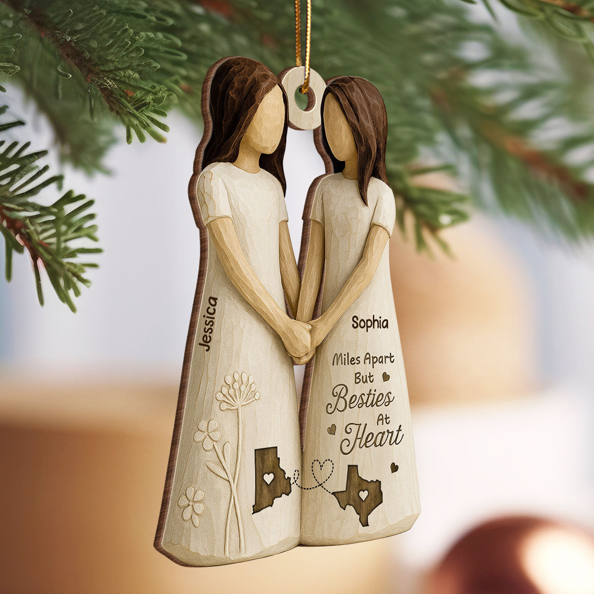 Miles Apart Besties At Heart 3D Effect - Personalized Wooden Ornament - Christmas Gift, Birthday Gift, Long Distance Friendship Gift for Best Friends