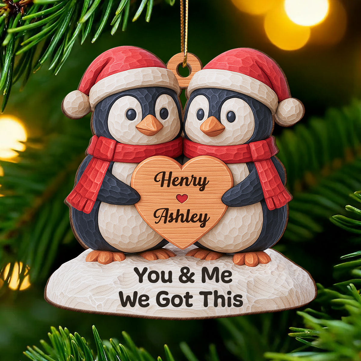 Christmas Penguin Couple - Personalized Wooden Ornament - Christmas Gift for Couple
