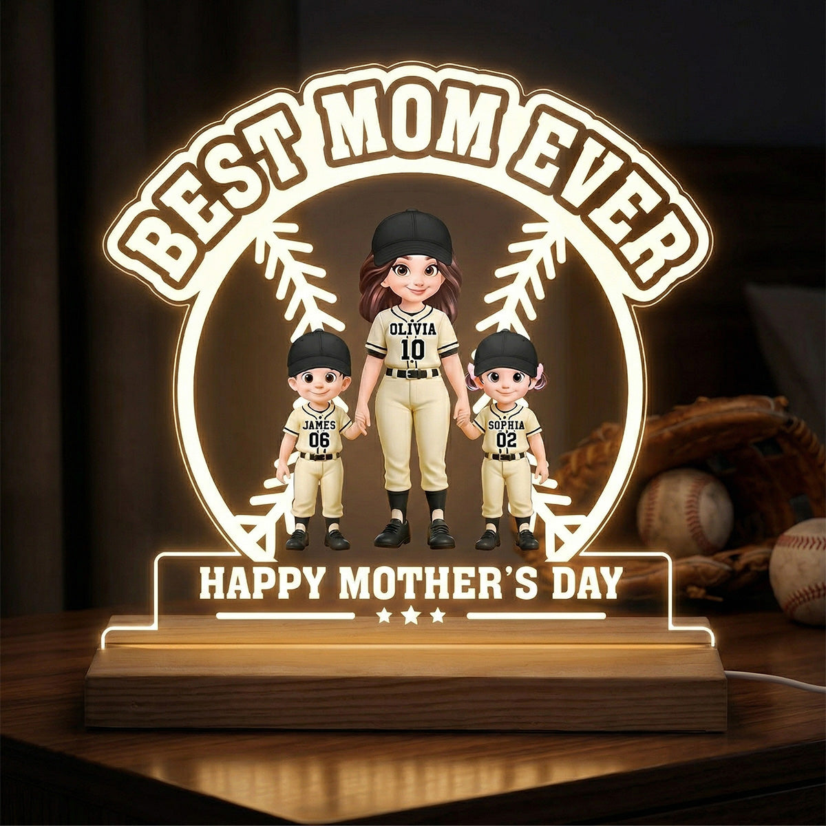 Best Mom Ever Baseball Mom & Kids - Personalized Acrylic Plaque LED Night Light
