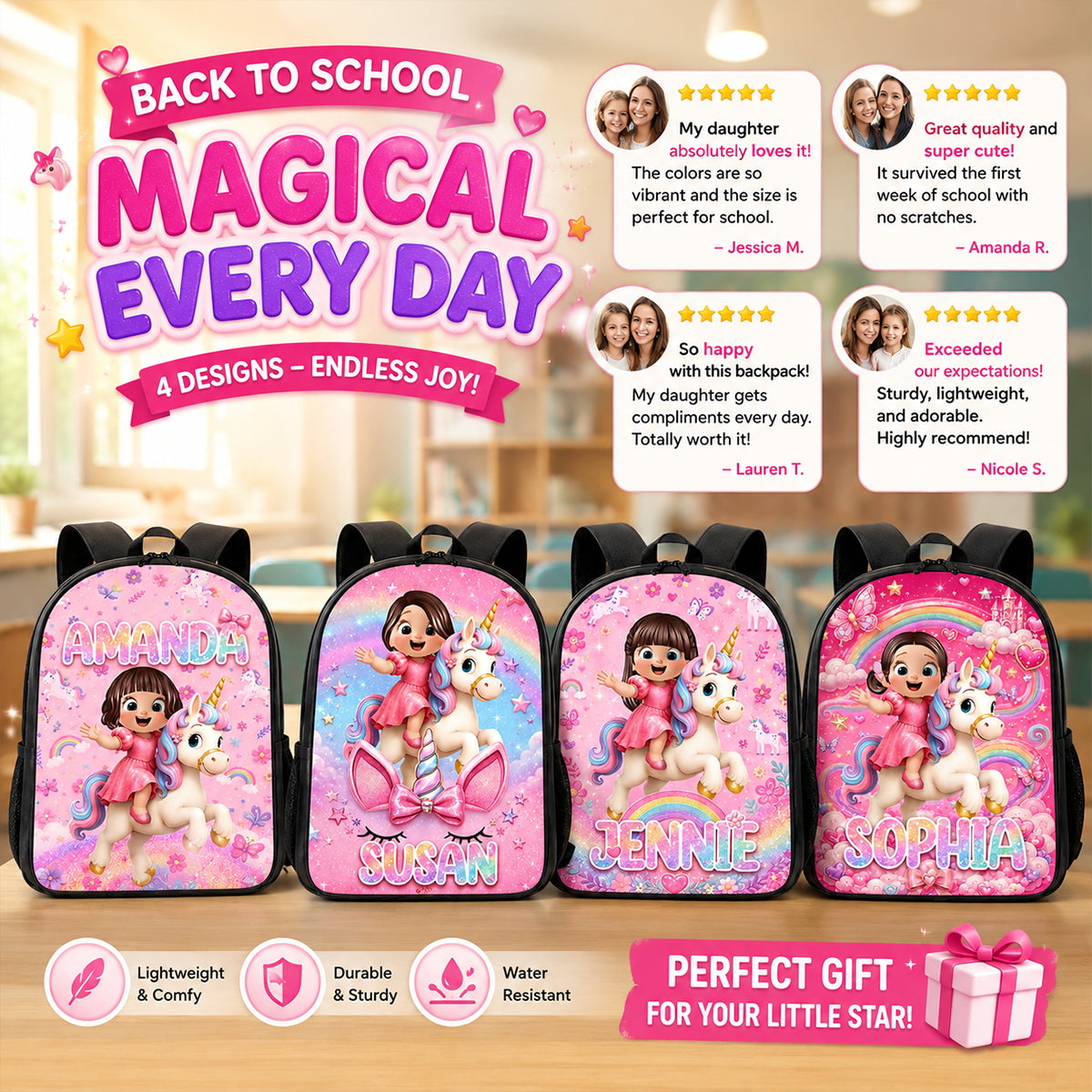Unicorn Theme Design for Girls - Personalized Backpack - Back to School Gift for Daughters, Granddaughters