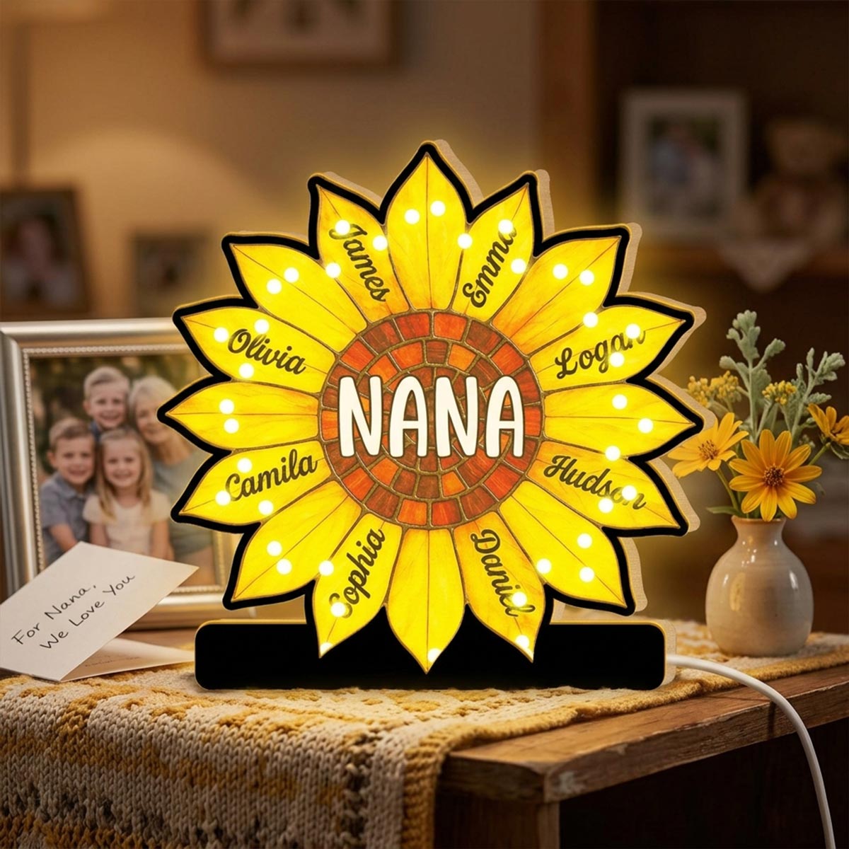 Grandma Sunflower Custom Kids Names - Personalized Suncatcher Night Light - Heartfelt Mother's Day Gift For Grandma, Mom, Wife