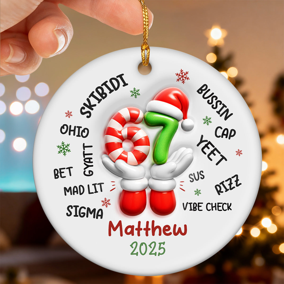 Custom Name Kid Slang Six Seven 3D Effect - Personalized Ceramic Ornament - 2025 Slang, Funny Teen Grandkid, Gen Alpha Christmas Gift