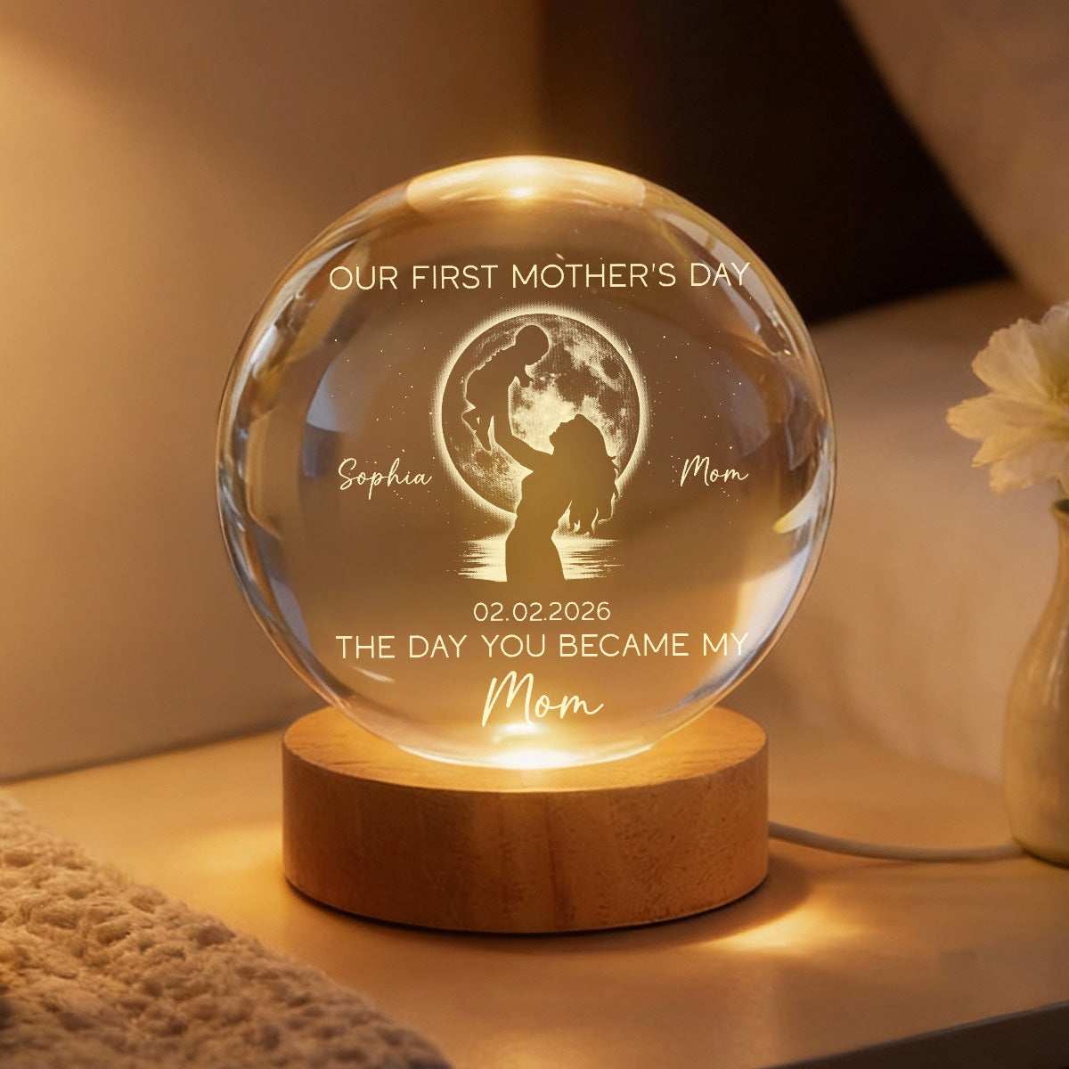Custom Moon Phase First Mother's Day The Day You Became My Mom - Personalized Crystal Ball LED Night Light - First Mother's Day Gift For New Mom