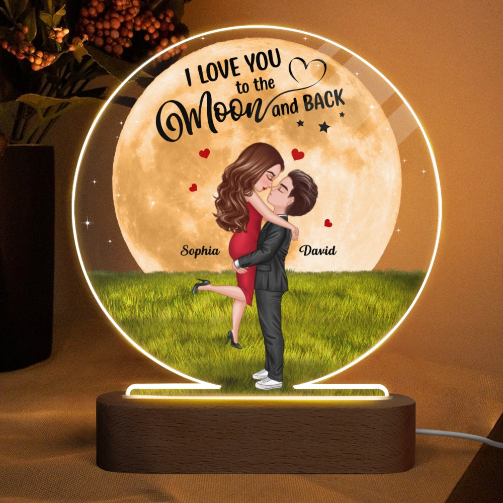 Big Moon Hugging Couple Personalized Circle Acrylic LED Night Light LED Lamp