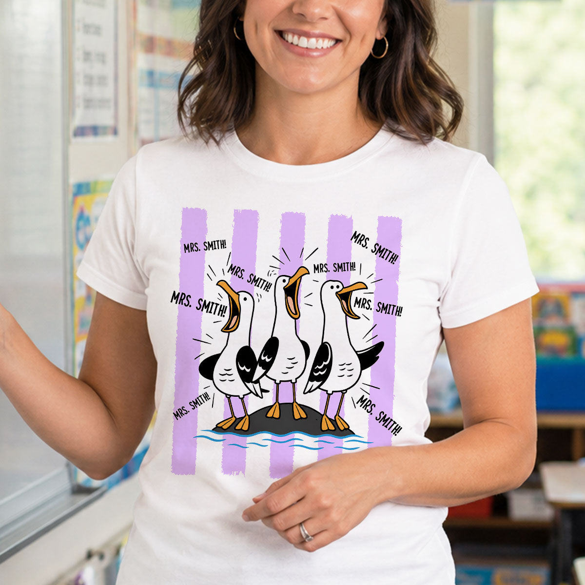 Trending Stripe Woman Style Seagulls Yelling Teacher - Personalized Shirt - Back To School Gift, Funny Shirt For Teacher