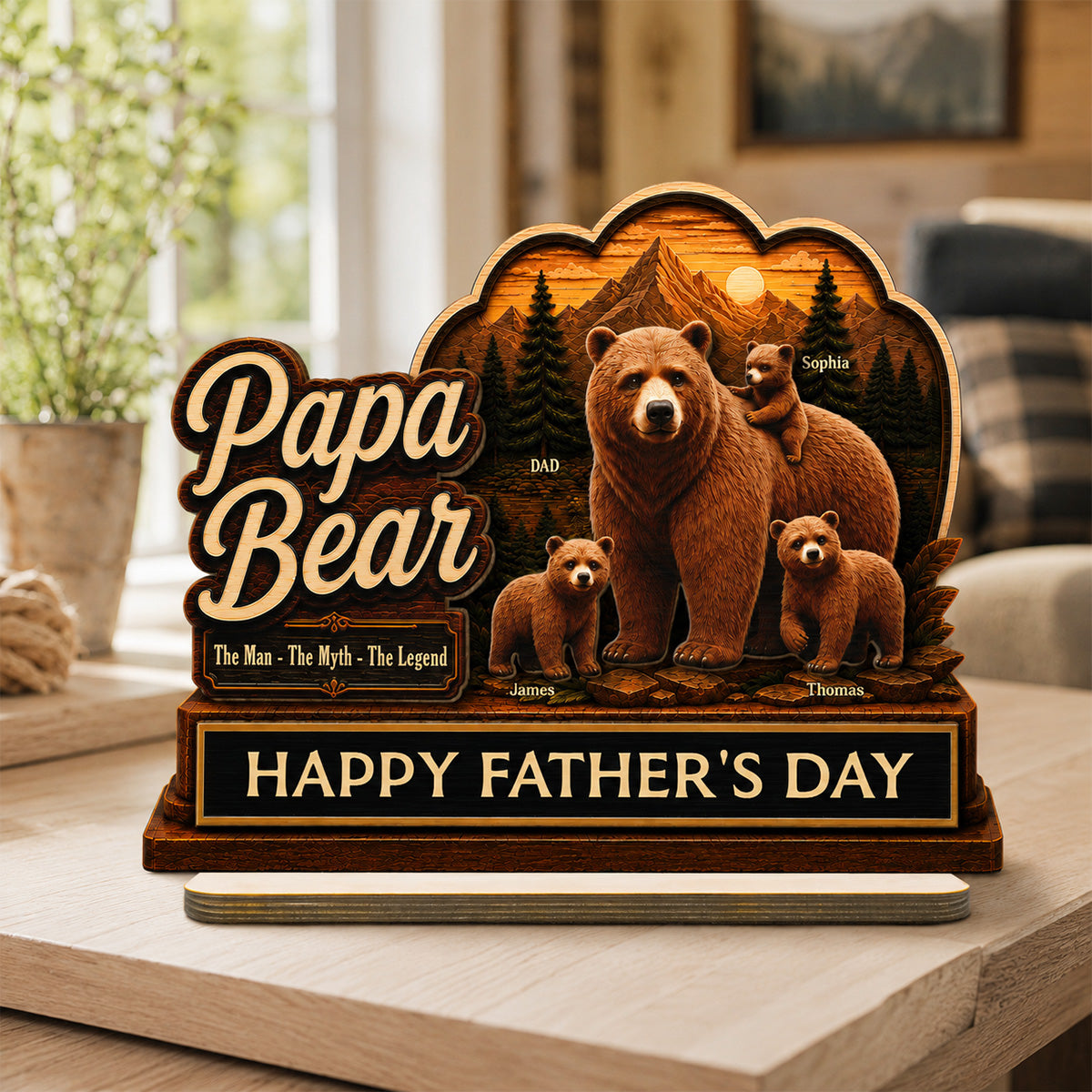 Papa Bear The Man The Myth The Legend 2D Flat - Personalized 2-Layered Wooden Plaque -  Gift For Husband, Dad