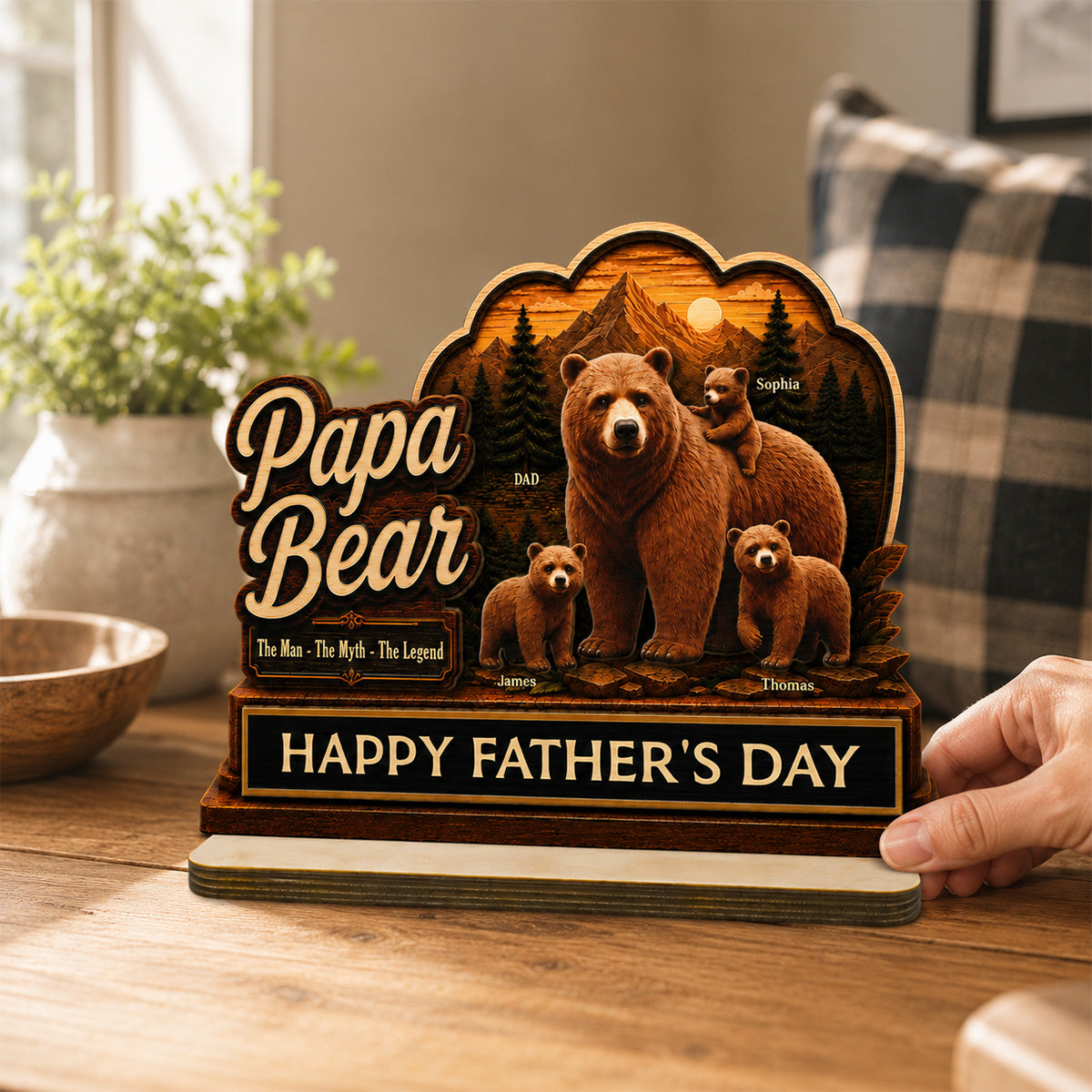 Papa Bear The Man The Myth The Legend 2D Flat - Personalized 2-Layered Wooden Plaque -  Gift For Husband, Dad