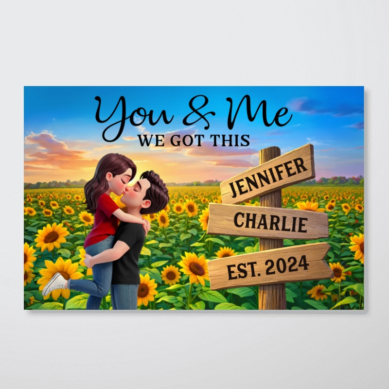 Eternal Love Couple Hugging Kissing Sunflower Field Sign Posts - Personalized Poster - Heartfelt Valentine, Anniversary Gift For Him, For Her