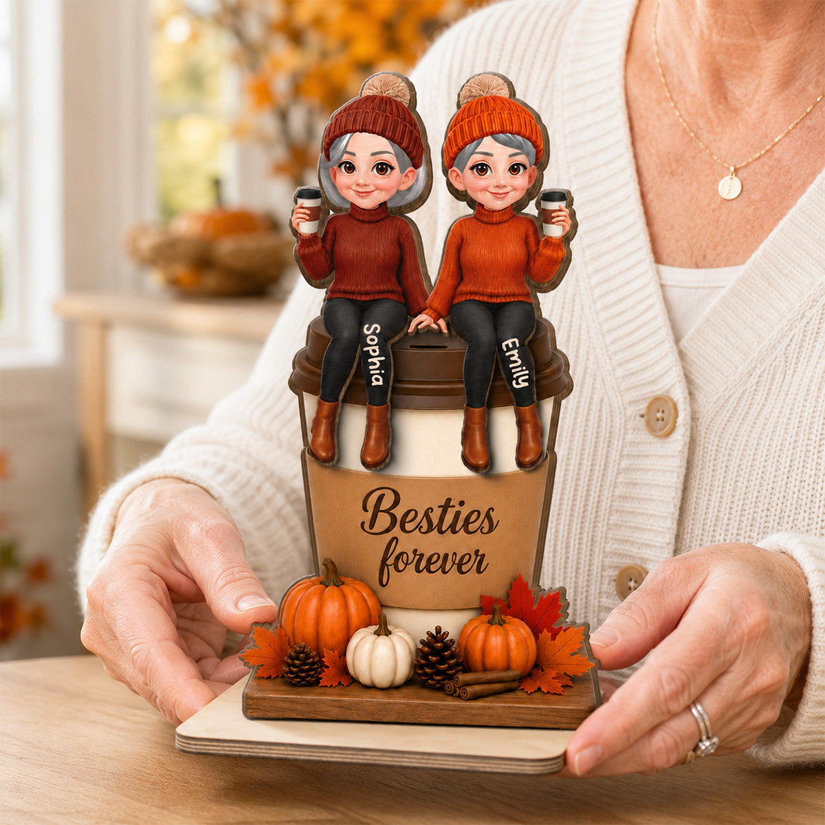 Besties Sitting On Pumpkin Spice Latte 2D Flat - Personalized Wooden Plaque - Cozy Fall Gift
