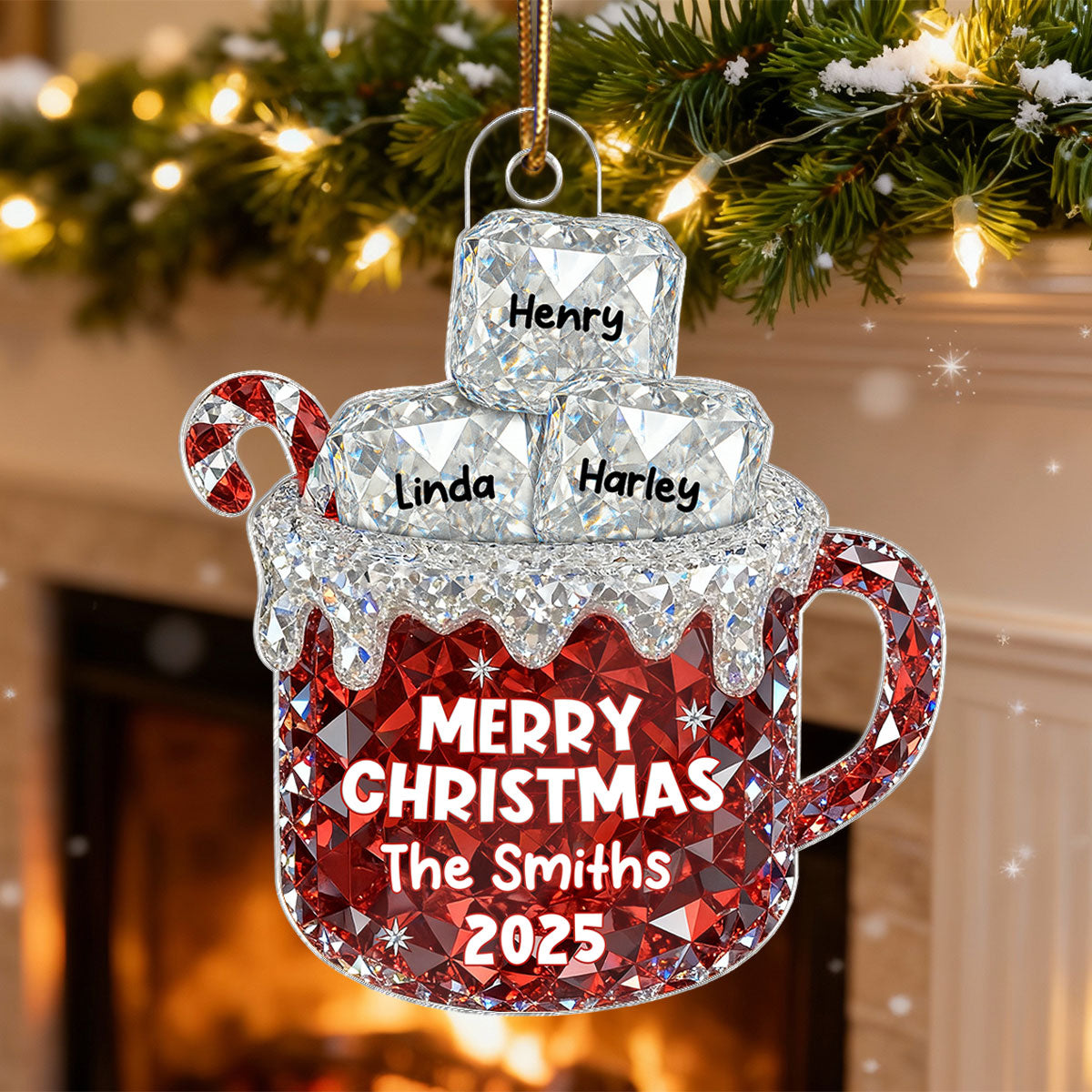 3D Crystal Effect Christmas Hot Cocoa Marshmallows Family Names - Personalized Acrylic Ornament