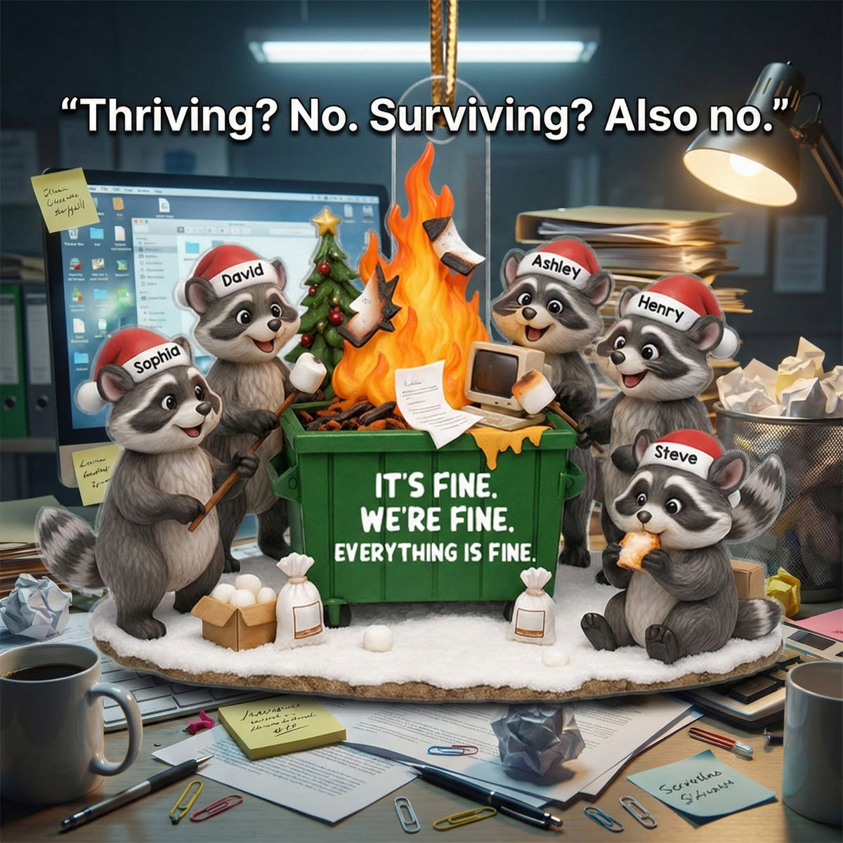 Funny Raccoon It's Fine We're Fine Dumpster Fire - Personalized Acrylic Ornament - Funny Holiday Gift for Coworkers