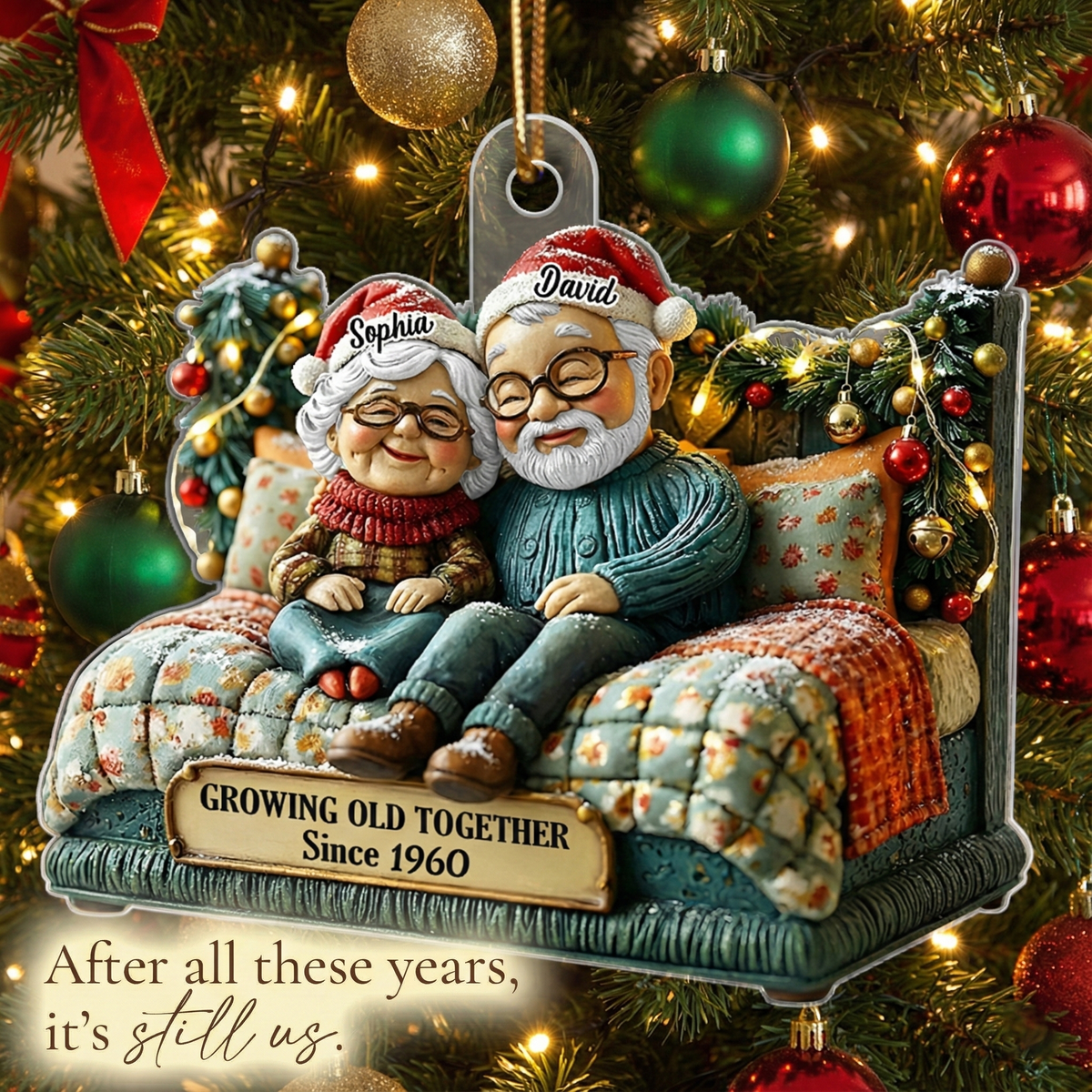 Growing Old Together Old Couple - Personalized Acrylic Ornament - Heartwarming Christmas Gift For Him, For Her, For Couple