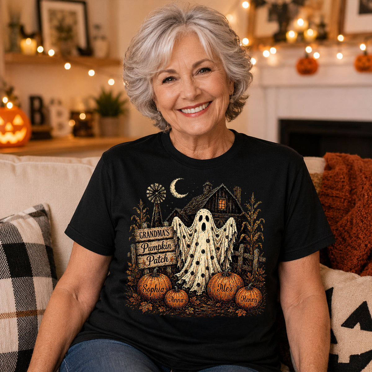 Grandma's Pumpkin Patch Haunted House - Personalized Shirt - Cozy Fall Halloween Tee for Grandma