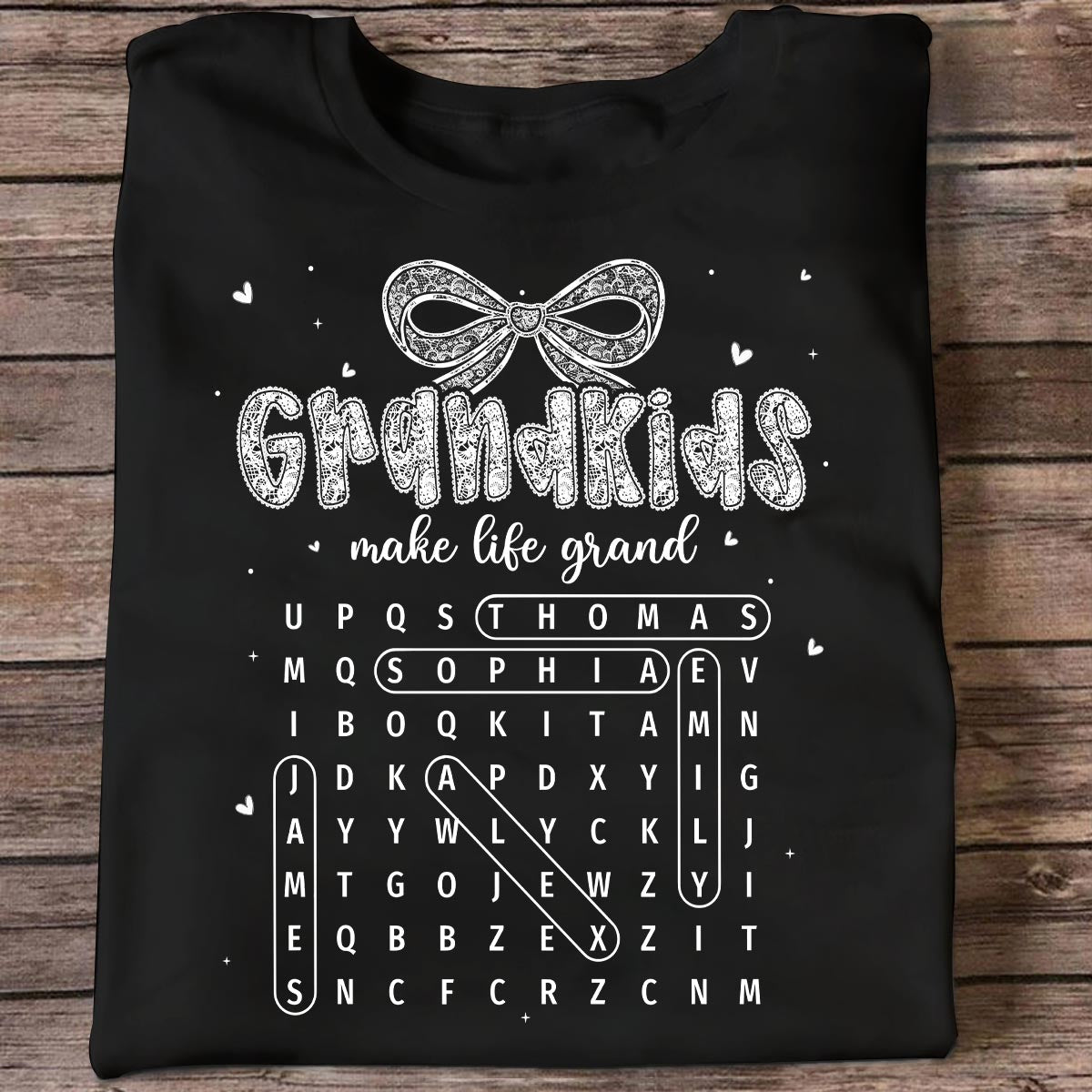 Lace Pattern Grandma Custom Grandkids Names Word Search Puzzle - Personalized Shirt - Gift For Grandma