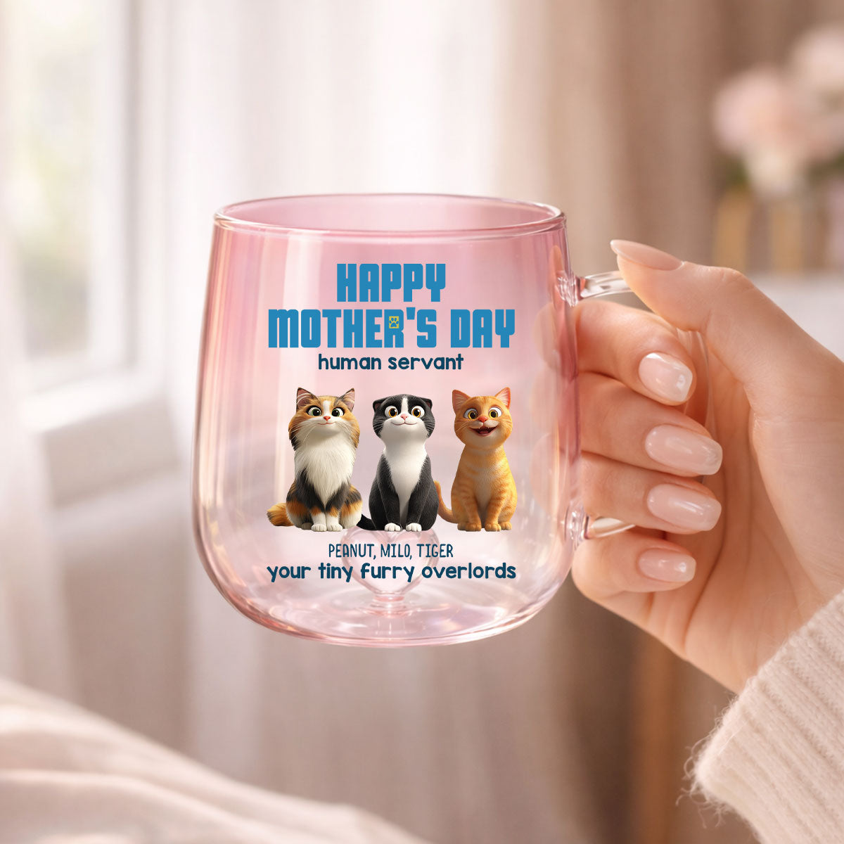 Happy Mother's Day Cat Mom Human Servant - Personalized Glass Mug - Heartfelt Gift for Cat Lovers