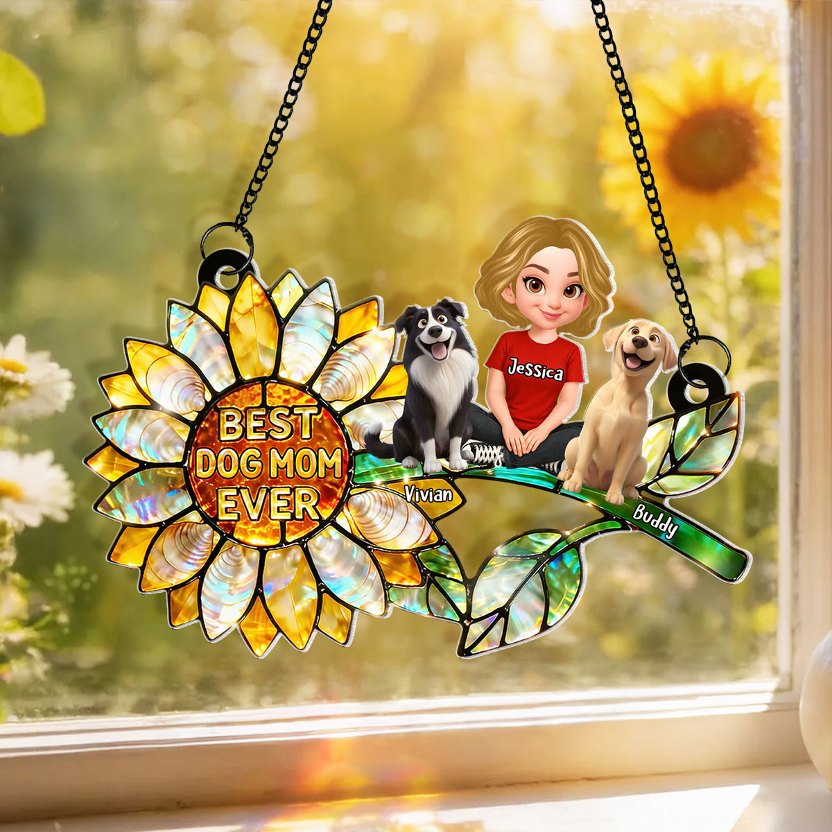Sunflower Dog Mom and Dogs Sitting - Personalized Window Hanging Suncatcher - Mother's Day Gift for Mom, Wife