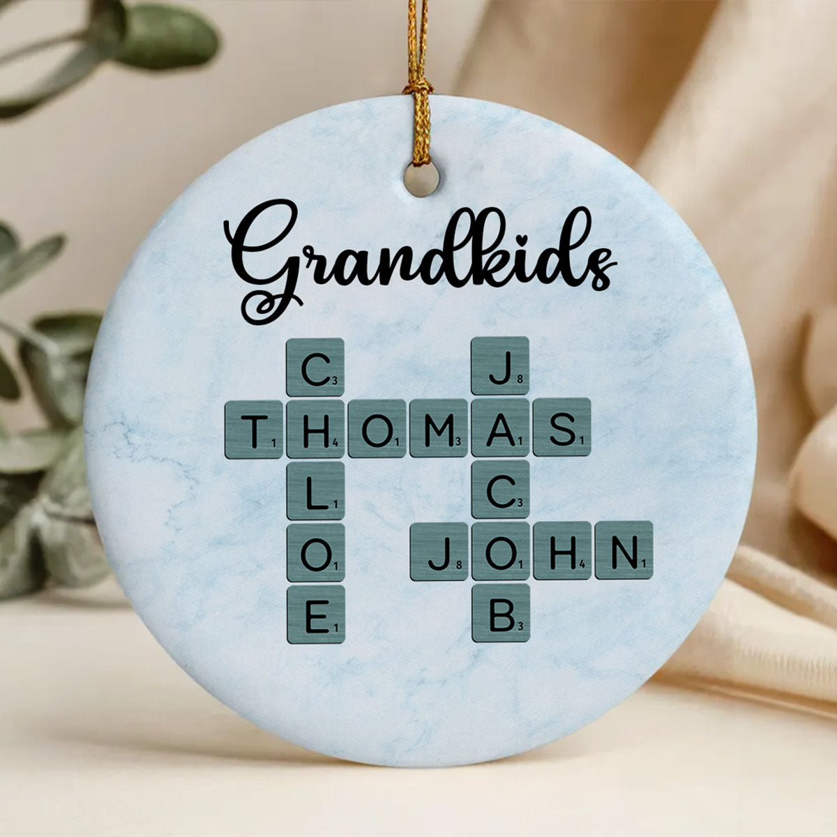 Grandkids Crossword Art - Personalized Ceramic Ornament - Sentimental Gift for Grandma Grandpa Grandkids