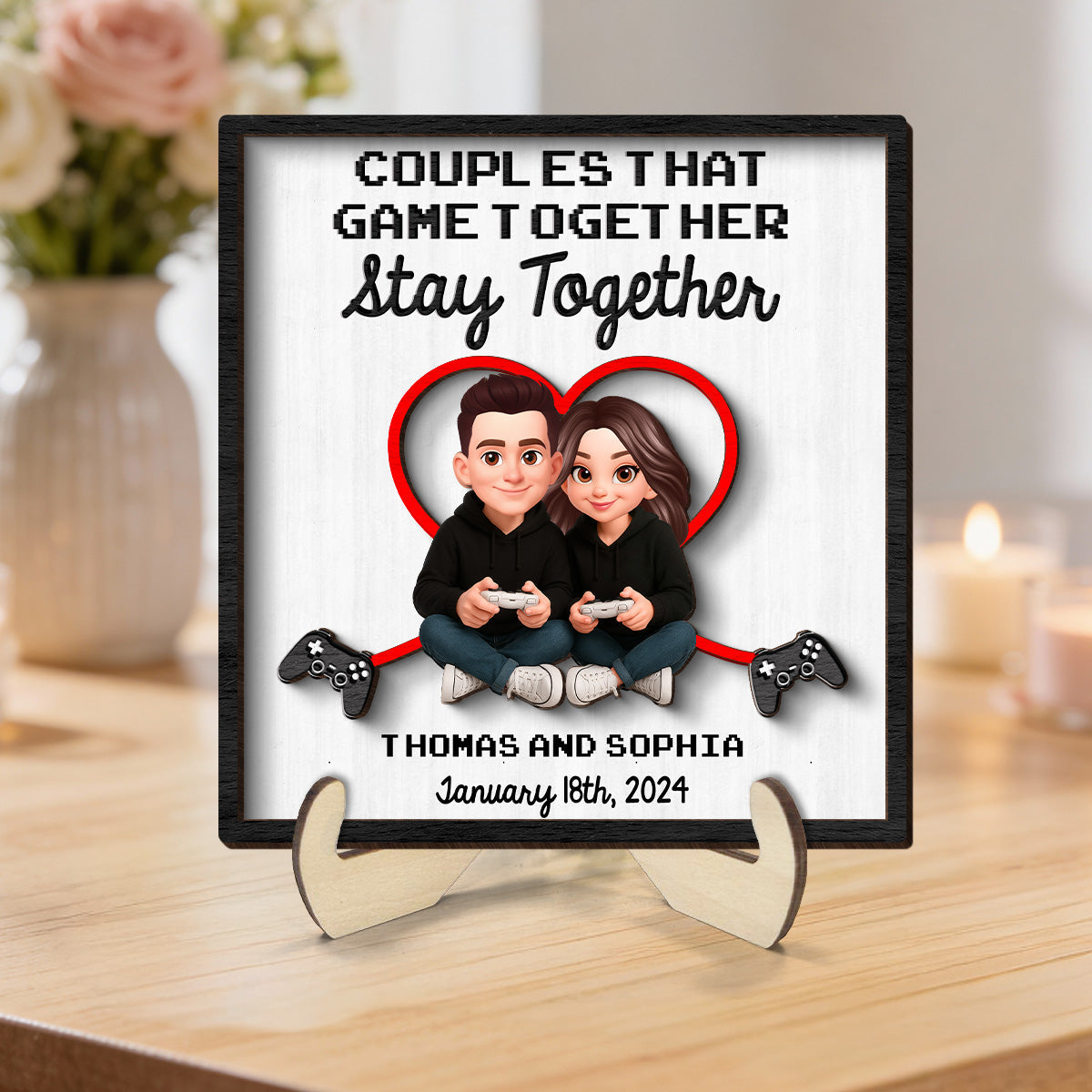 Gaming Couple Game Together Stay Together - Personalized 2-Layered Wooden Plaque - Heartfelt Valentine, Anniversary Gift For Gamers, For Him, For Her