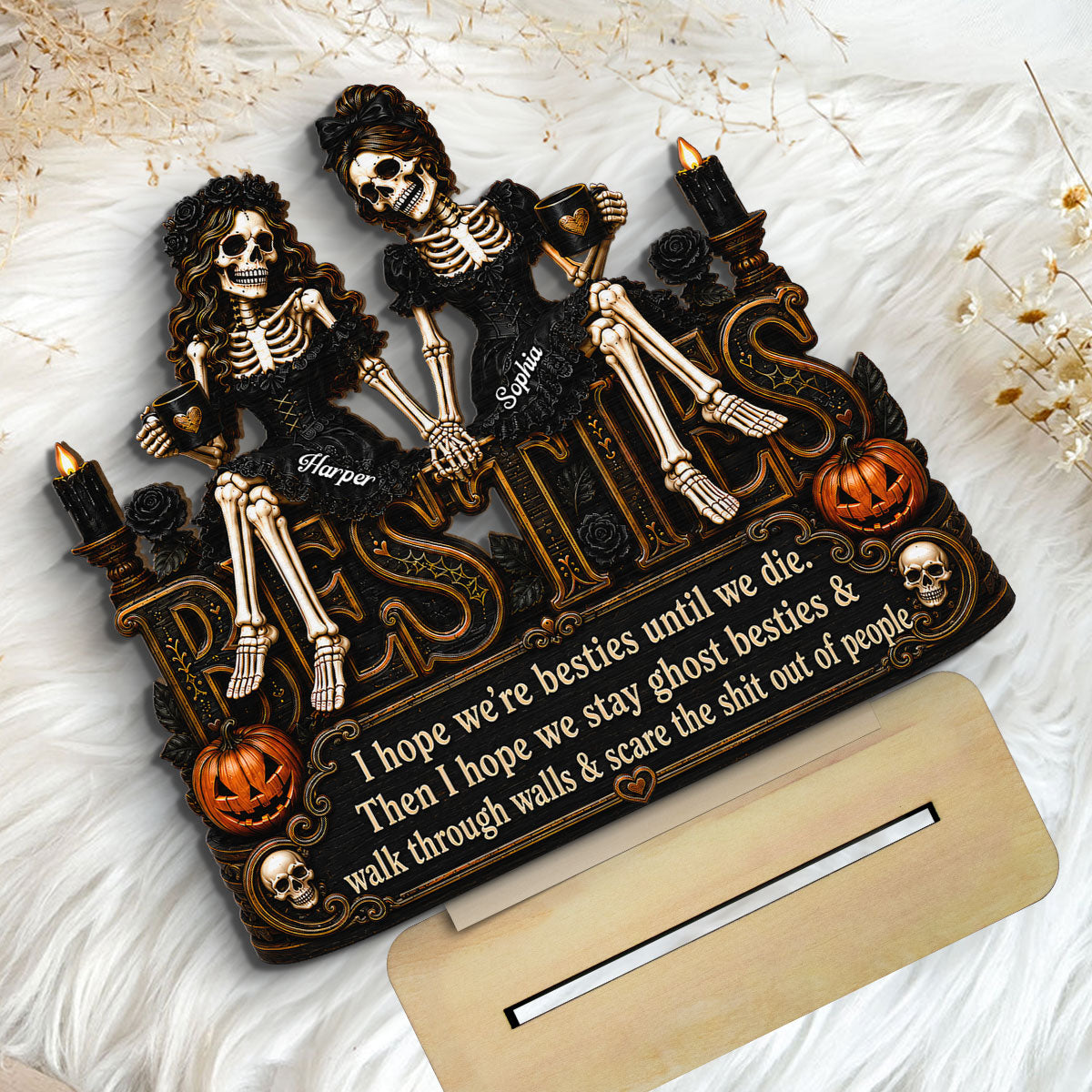 Skeleton Besties Sitting On Word 2D Flat - Personalized 2-Layered Wooden Plaque - Funny Work Bestie Gift, Halloween Keepsake For Best Friends