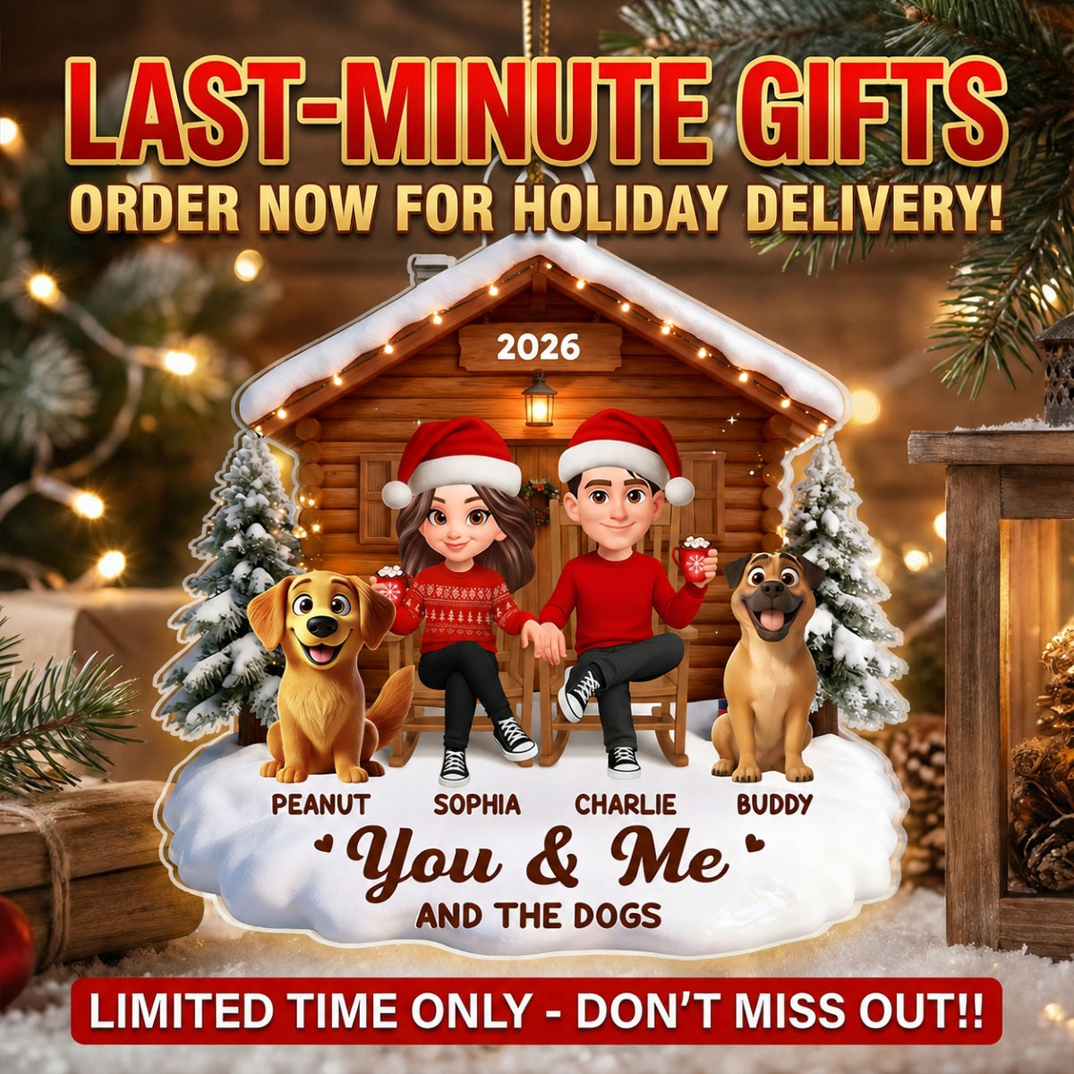 3D Effect Christmas Couple And Dog Cat Wooden Cabin - Personalized Acrylic Ornament - Heartfelt Gift For Couple