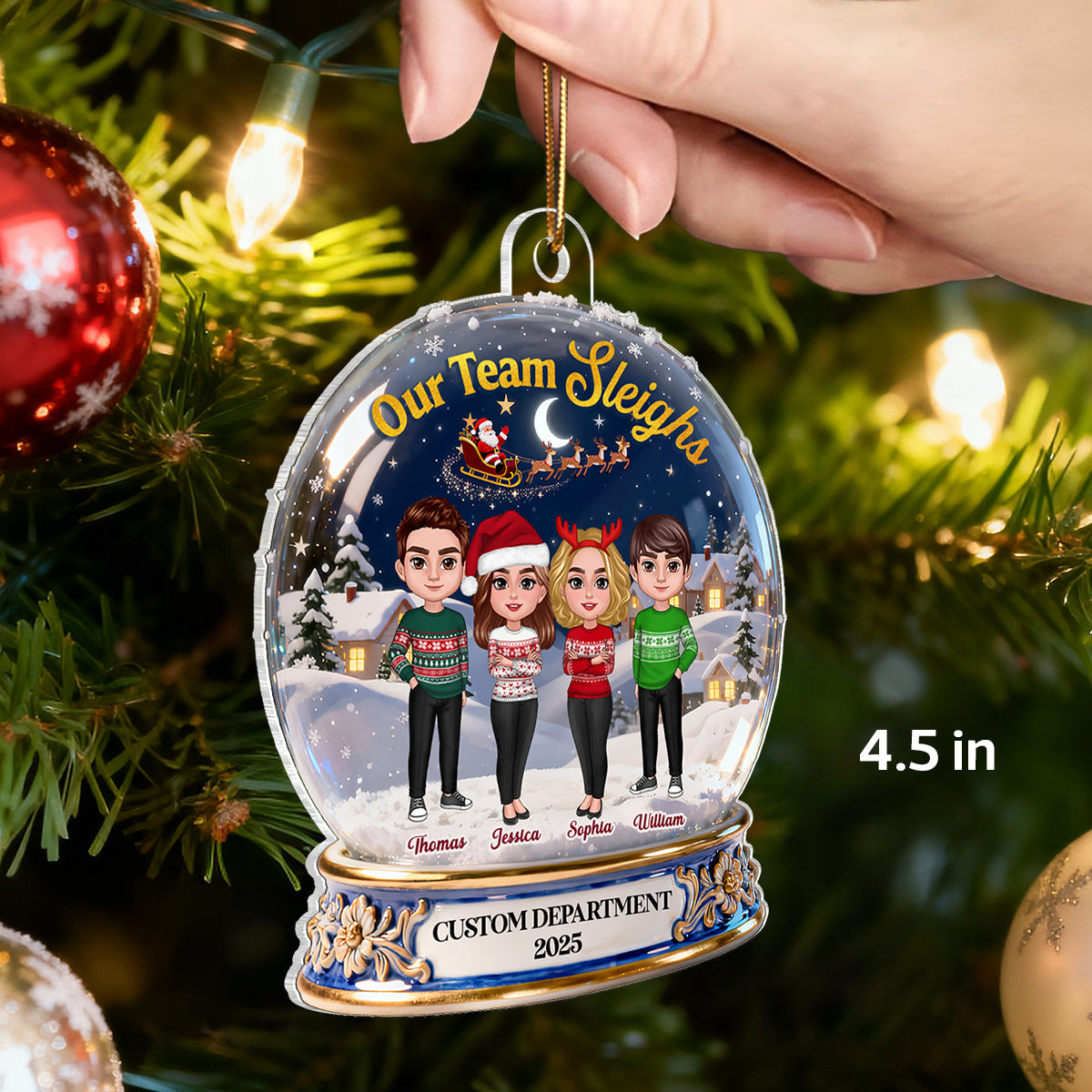 3D Effect Flat Snow Globe Our Team Sleighs Best Team Ever - Personalized Acrylic Ornament, Company Christmas Gift For Staff, For Employees