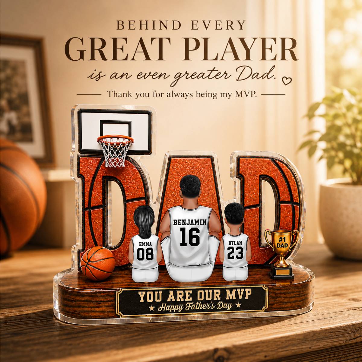 Basketball Dad Legend Daddy's Dream Team 2D Flat Printed- Personalized Acrylic Block Plaque -  Gift For Dad, Husband, Basketball Fans