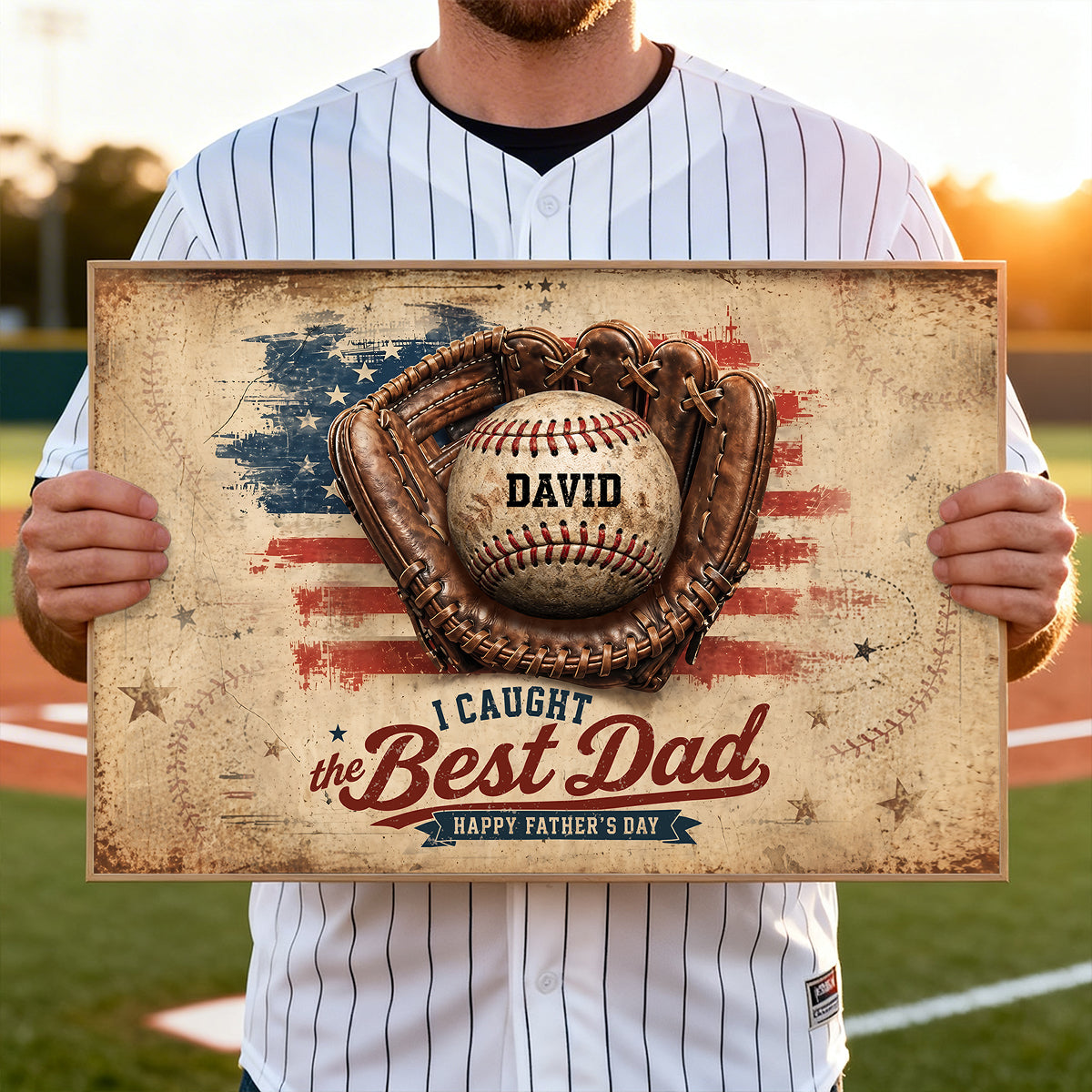 American Flag Baseball We Caught the Best Dad - Personalized Poster - Father's Day Gift for Dad, Husband