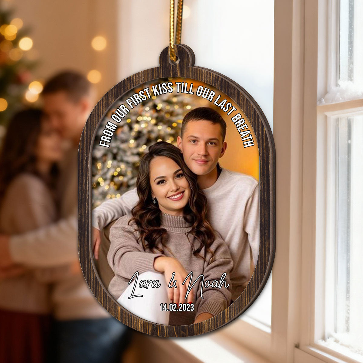 Couple Upload Photo Christmas - Personalized 2-Layered Wooden Ornament