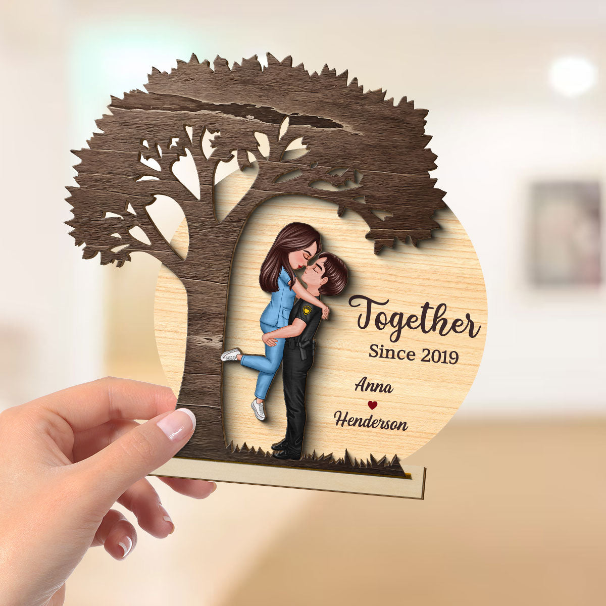 Couple Hugging Kissing Under Tree Moon Rustic - Personalized 2-Layer Wooden Plaque - Valentine's Day, Anniversary Gift For Him, For Her