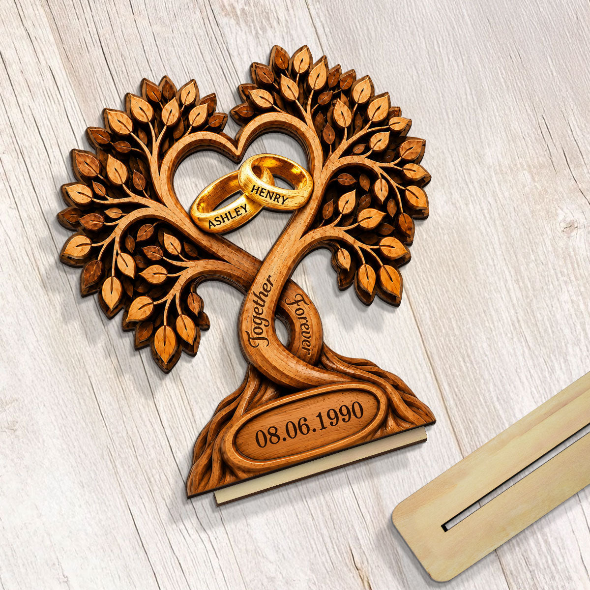 Forever Love Couple Rings In Tree Canopy - Personalized 2-Layered Wooden Plaque - Anniversary Gift, Wedding Gift For Couple
