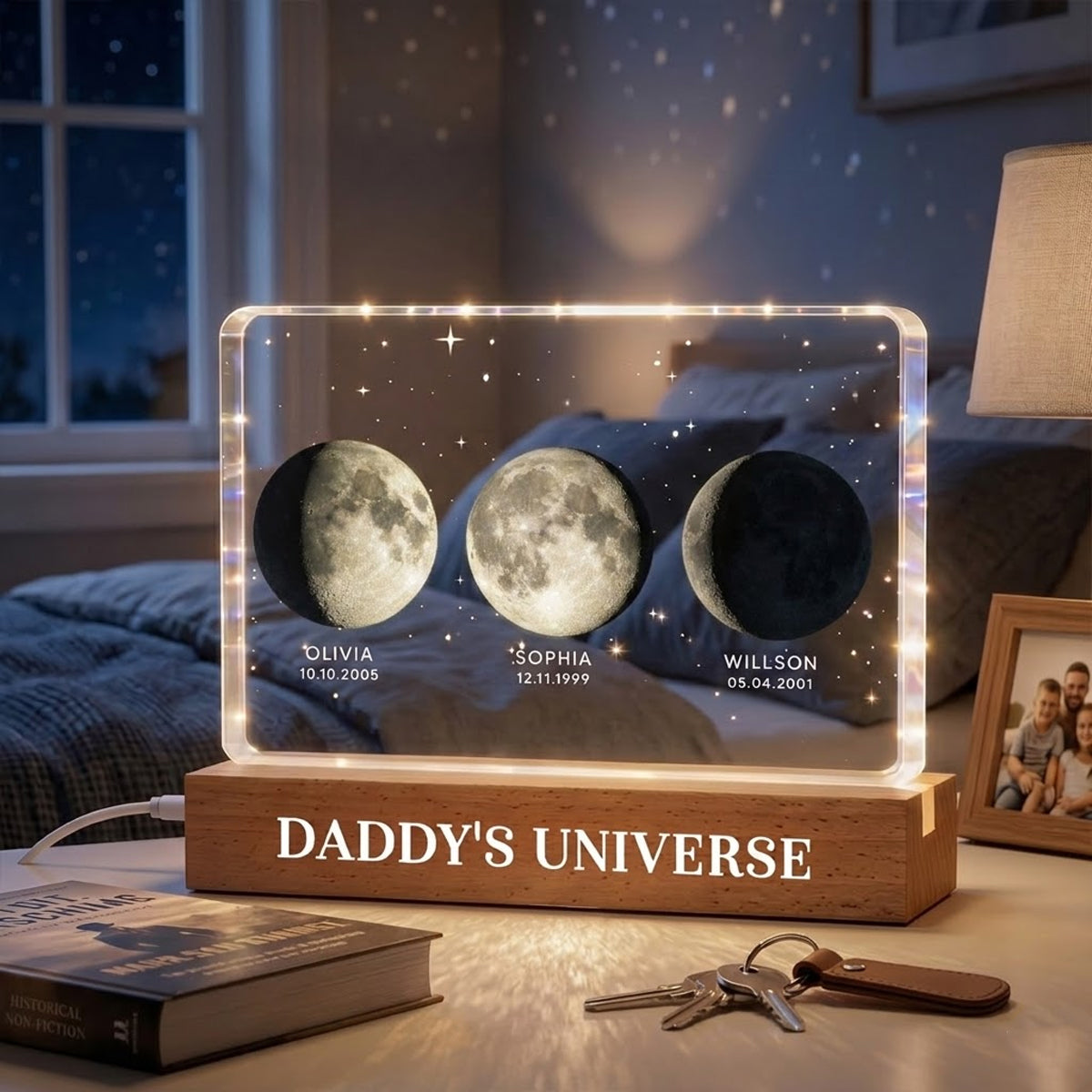Daddy's Universe Custom Moon Phase by Date - Personalized Acrylic Block LED Night Light - Father's Day Gift for Dad, Husband