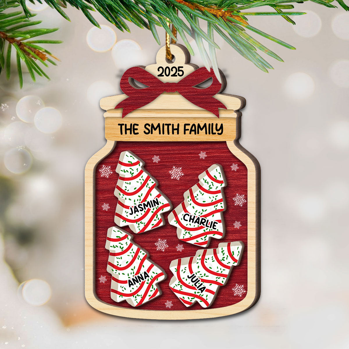 3D Effect Festive Christmas Family Mason Jar Christmas Tree Cakes - Personalized 2-Layered Wooden Ornament