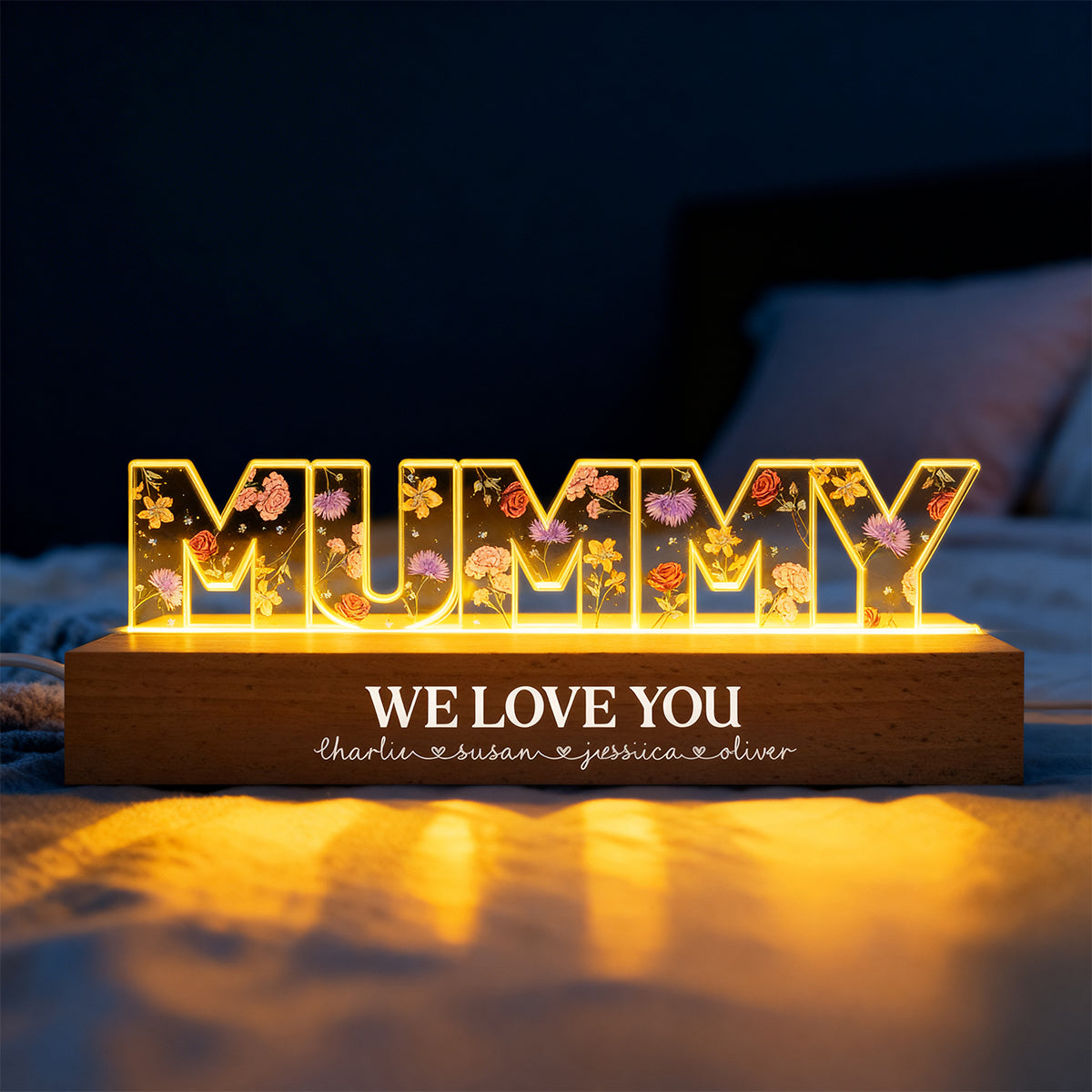 Custom Birth Month Flower Printed - Personalised Acrylic Block LED Night Light - Gift for Mum, Nanny, Wife