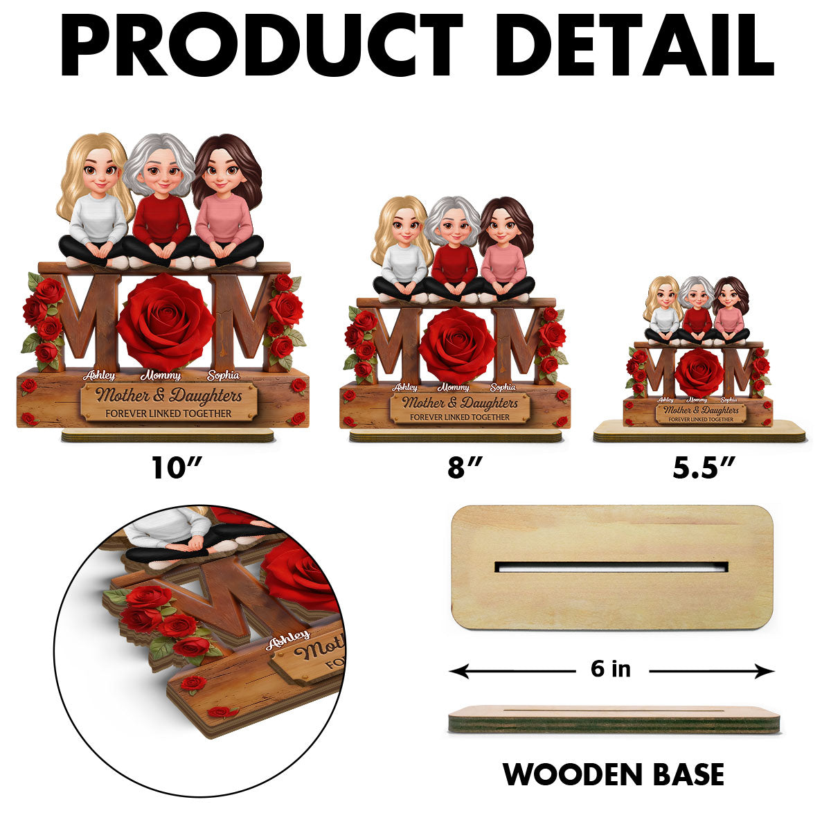 Beautiful Roses MOM And Daughters Sons - Personalized 2-Layered Wooden Plaque - Gift For Mom