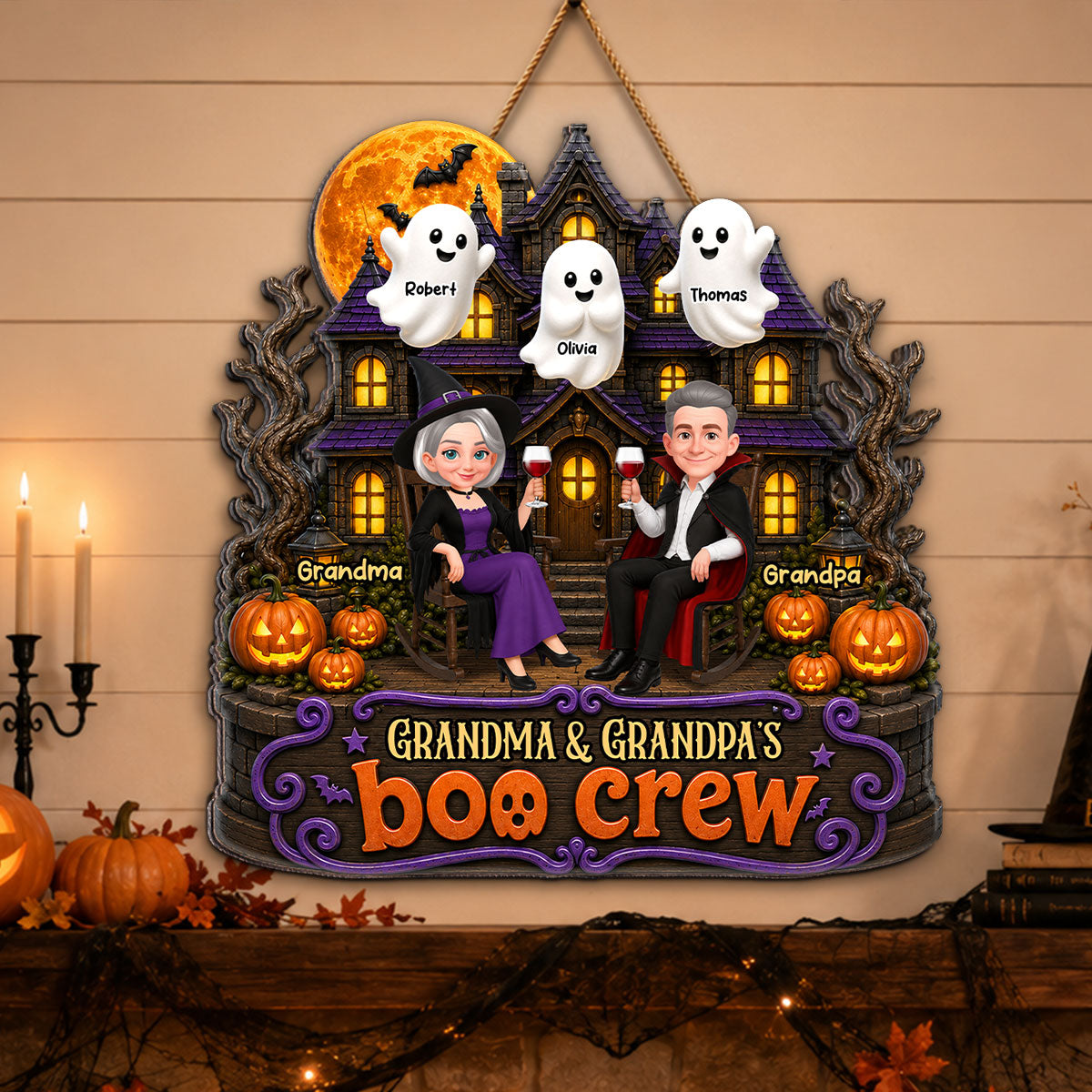 Halloween Haunted House Grandpa Grandma Boo Cew - Personalized Wood Sign - Halloween Decoration For Grandparents