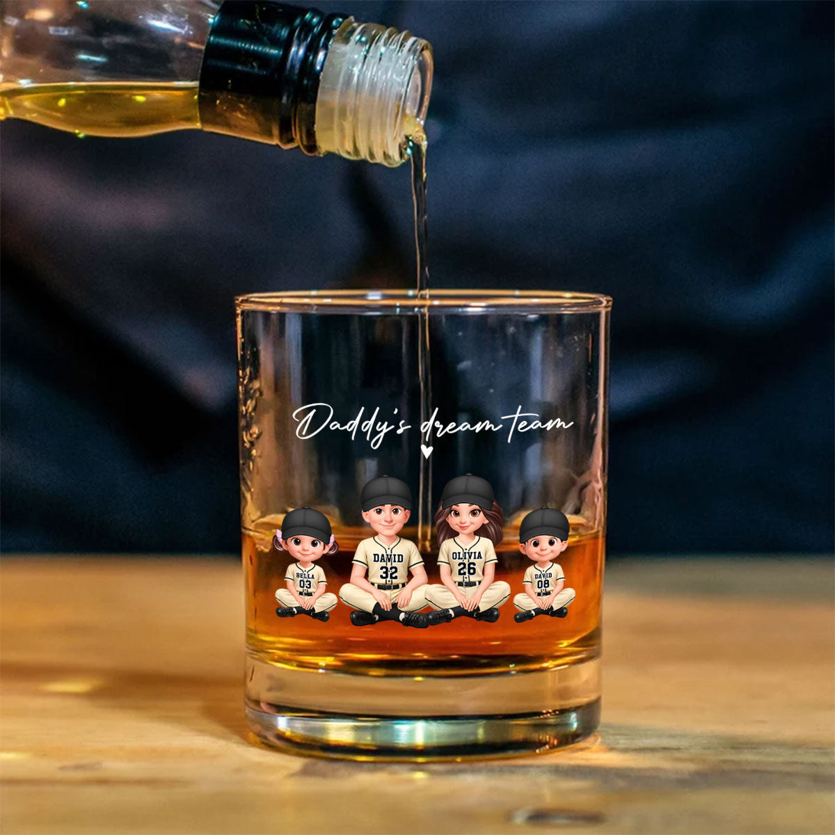 Daddy's Dream Team Baseball - Personalized Whiskey Glass - Father's Day Gift For Dad