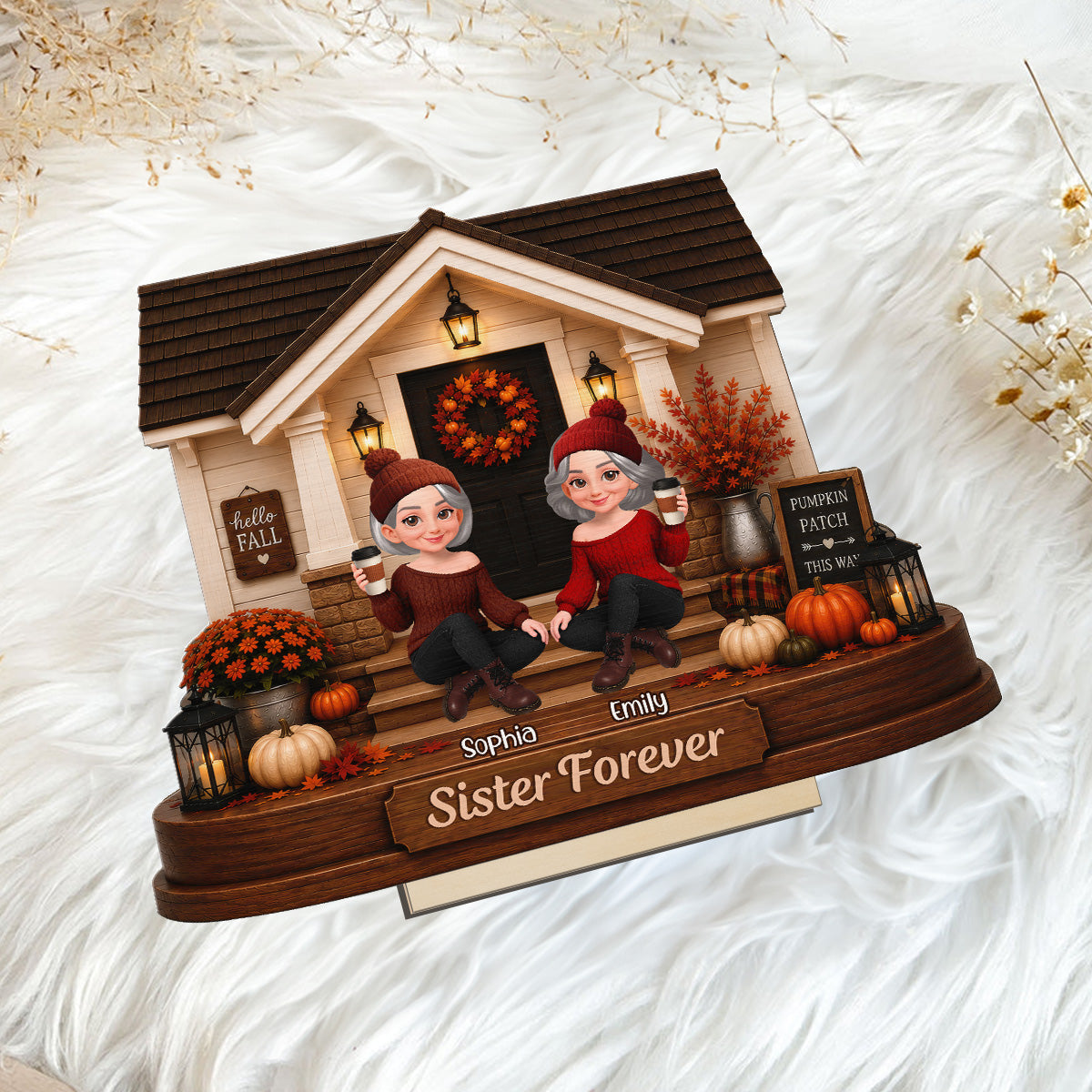 Front Porch Besties Sisters Fall Season 2D Flat - Personalized Wooden Plaque