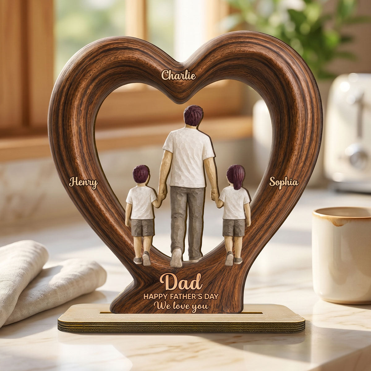 Sentimental Rustic Dad And Kids Walking In Heart 2D Flat - Personalized 2-Layered Wooden Plaque -  Gift For Dad, Husband