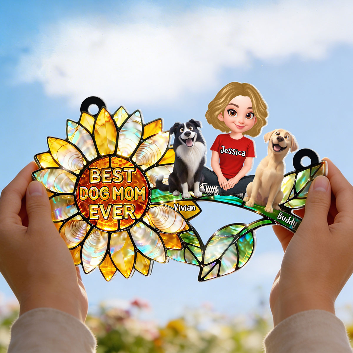 Sunflower Dog Mom and Dogs Sitting - Personalized Window Hanging Suncatcher - Mother's Day Gift for Mom, Wife