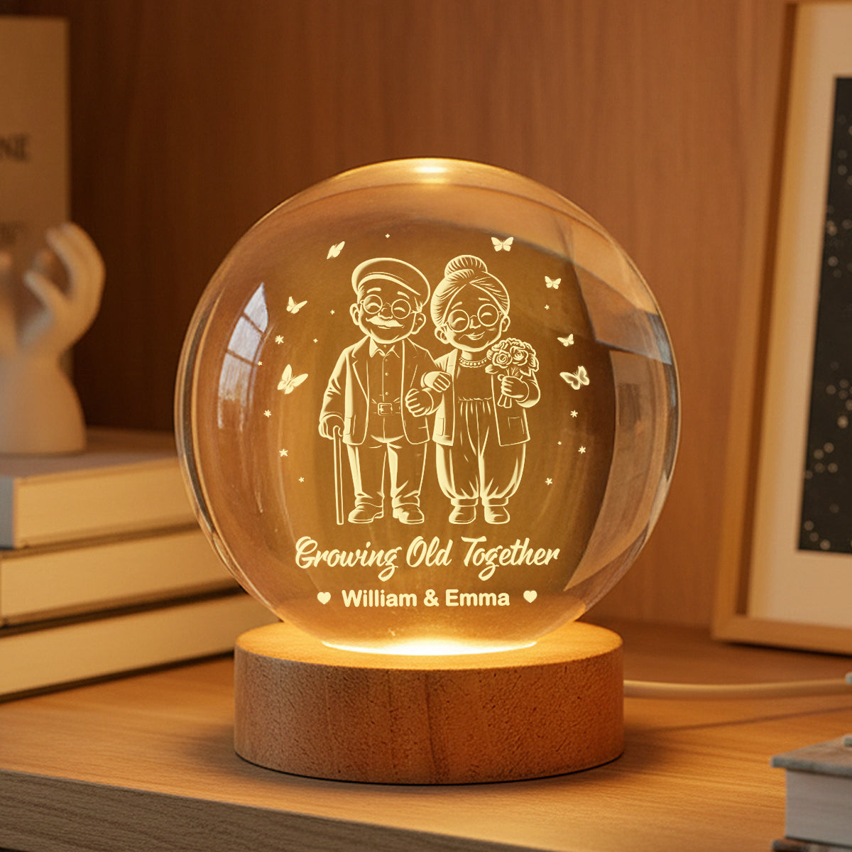 Couple Growing Old Together - Personalized Crystal Ball LED Night Light - Heartfelt Valentine's Day Gift for Her, for Him