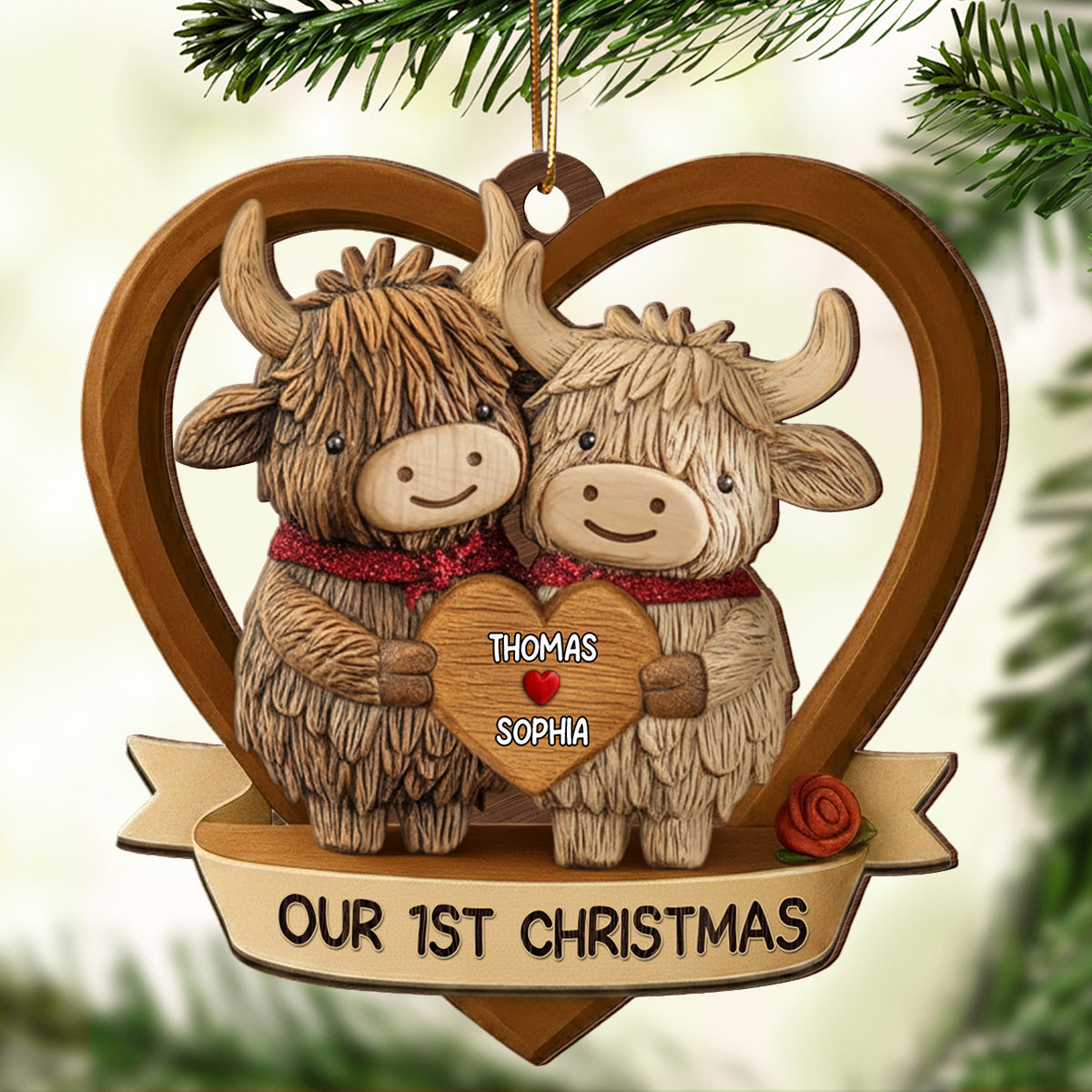 3D Effect Highland Cows Couple - Personalized Wooden Ornament - Gift For Him, Gift For Her