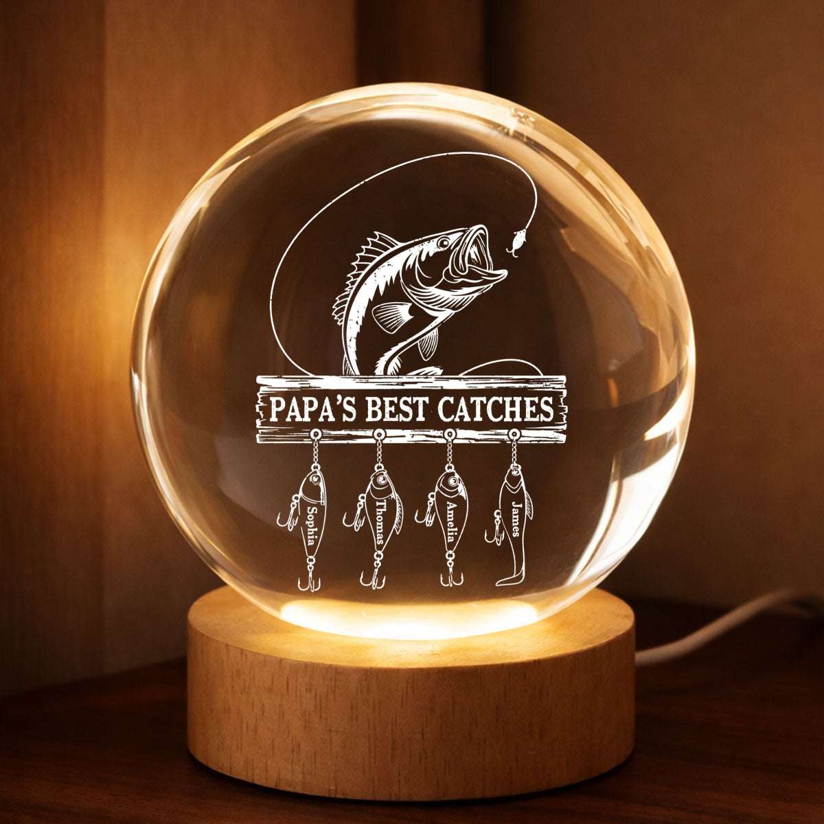 Daddy Grandpa Best Catch Fishing - Personalized Crystal Ball LED Night Light - Heartfelt Gift For Dad, Gift For Grandpa