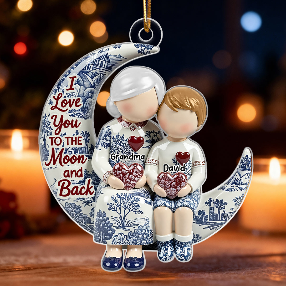 Grandma Grandkids on Moon Toile de Jouy Pattern - Personalized Acrylic Ornament - Sentimental Gift for Grandma