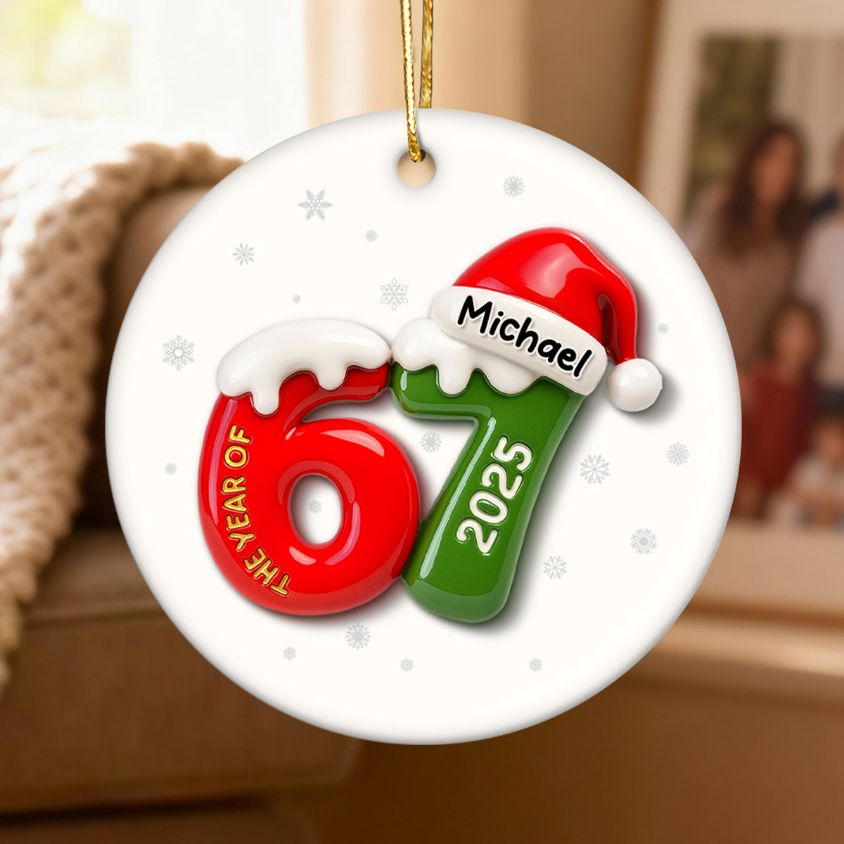 Custom Name 67 Six Seven 3D Effect - Personalized Ceramic Ornament - 2025 Slang, Funny Teen Grandkid, Gen Alpha Christmas Gift