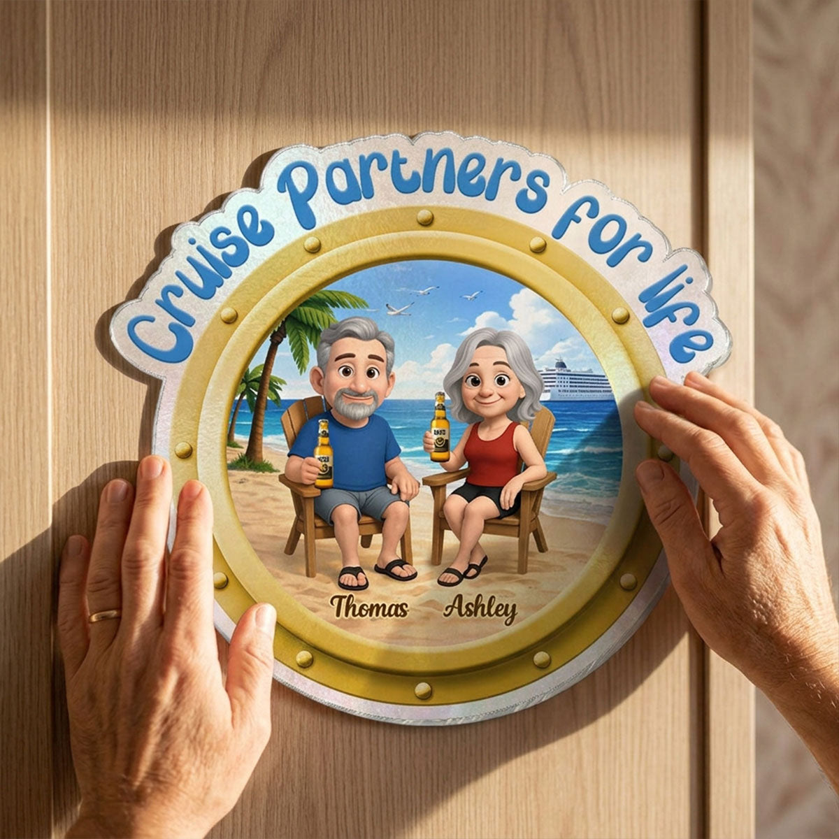 Cruise Partners For Life Porthole Cartoon Couple Sitting On The Beach - Personalized Cruise Ship Door Magnet